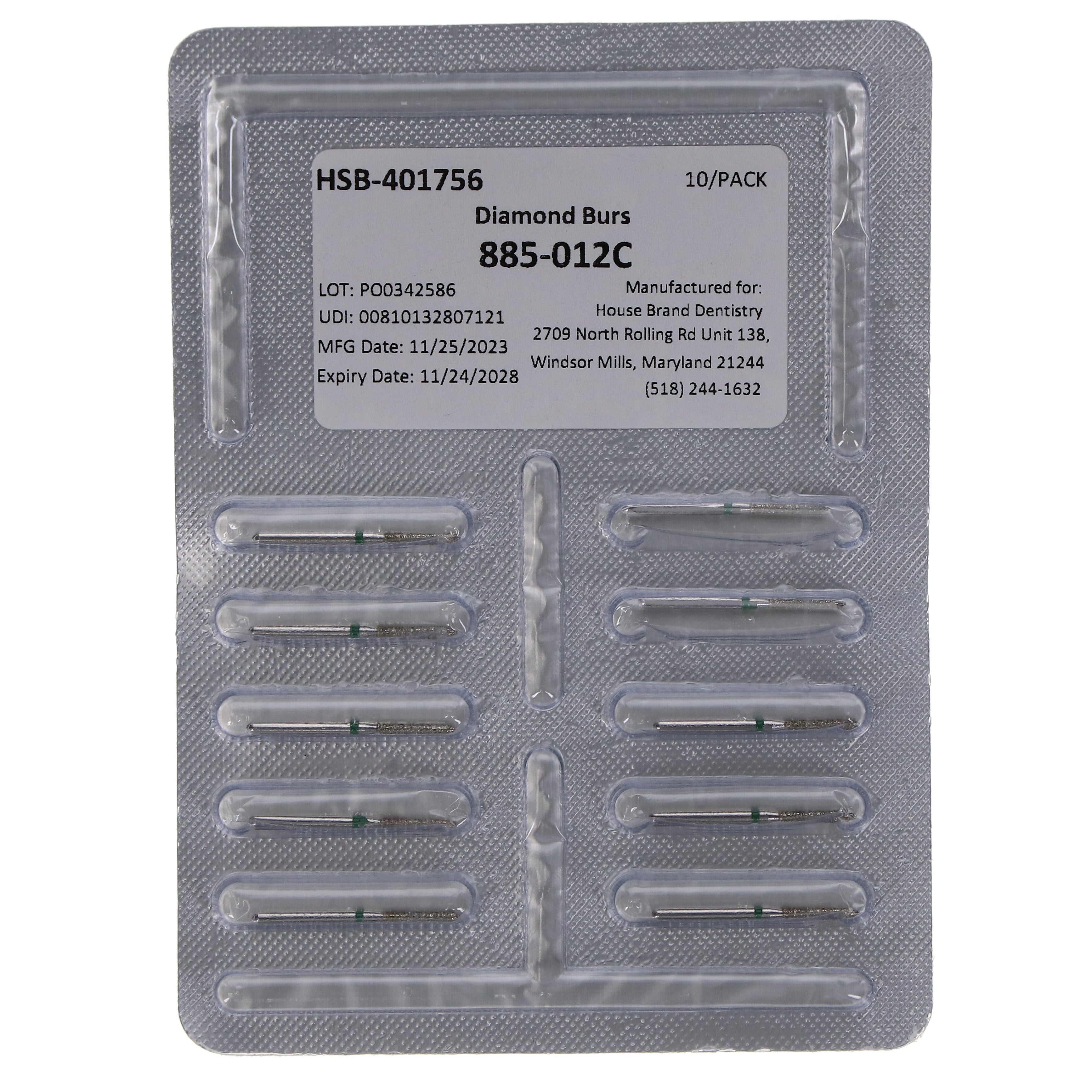 House Brand Dentistry 401756 HSB FG 885-012C Beveled Cylinder Coarse Grit Diamond Burs 10/Pk