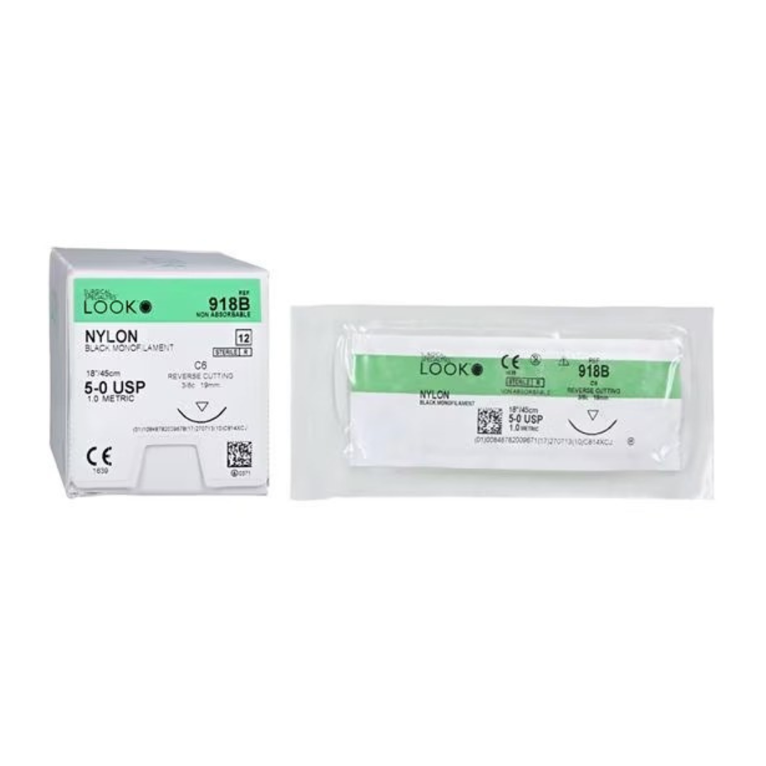 Look 918B Nylon Black Monofilament Reverse Cutting Sutures C6 3/8 Circle 5-0 18