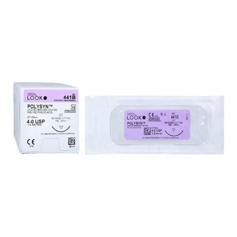 Look X441B Polysyn 4-0 Undyed Absorbable Reverse Cutting Sutures 27" C7 3/8 Circle 24mm 12/Pk