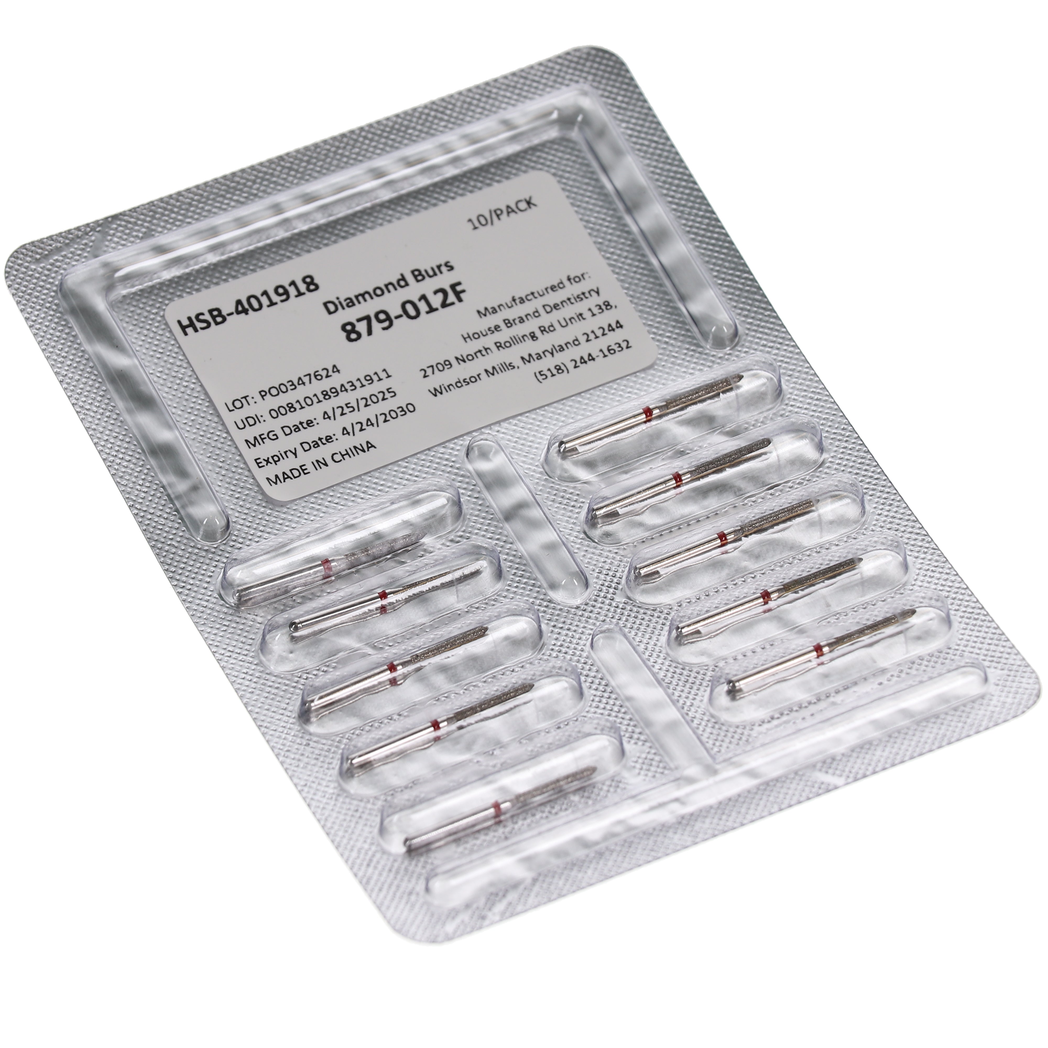 House Brand Dentistry 401918 HSB FG 879-012F Beveled Cylinder Fine Grit Diamond Burs 10/Pk
