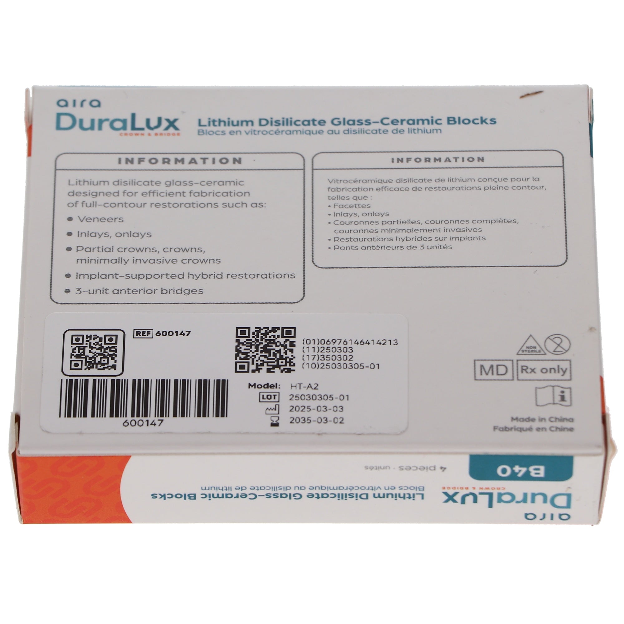 Aira 600147 DuraLux IPS e.max Type Blocks CAD inLab HT A2 B40 4/Pk