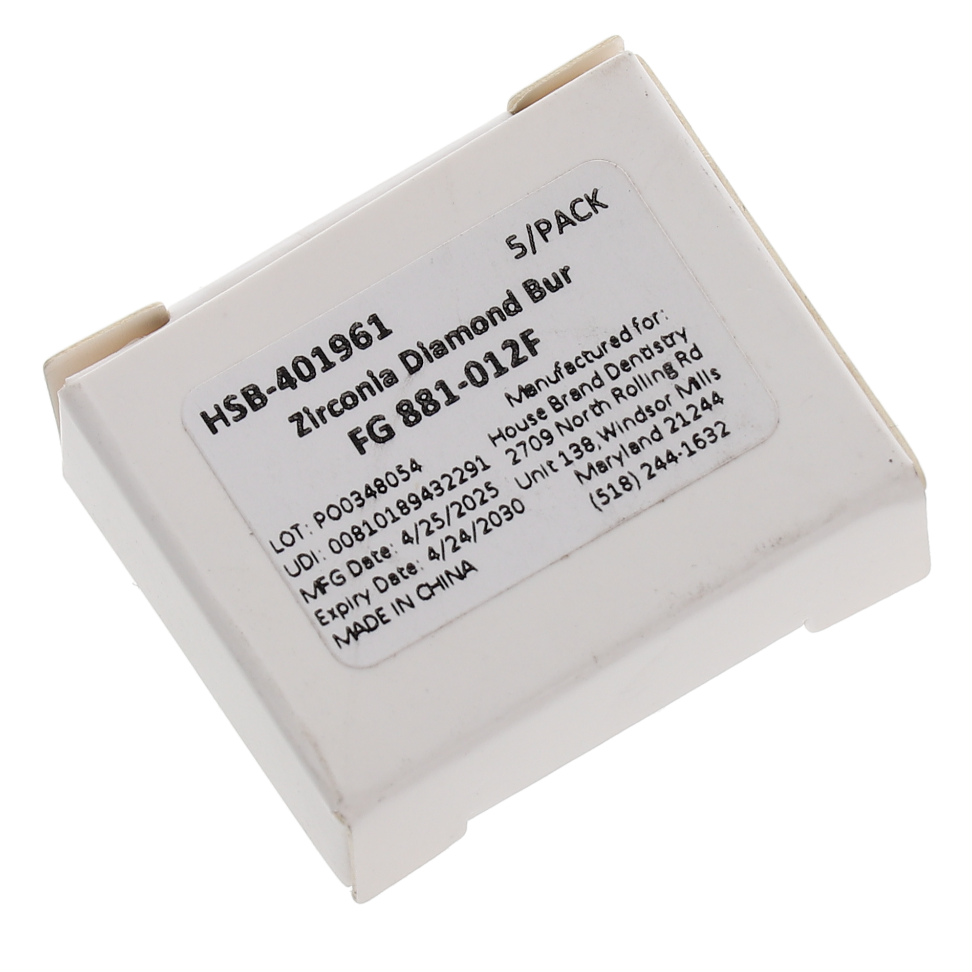 House Brand Dentistry 401961 HSB FG 881-012F Precision Zirconia Round End Cylinder Fine Grit Diamond Burs 5/Pk