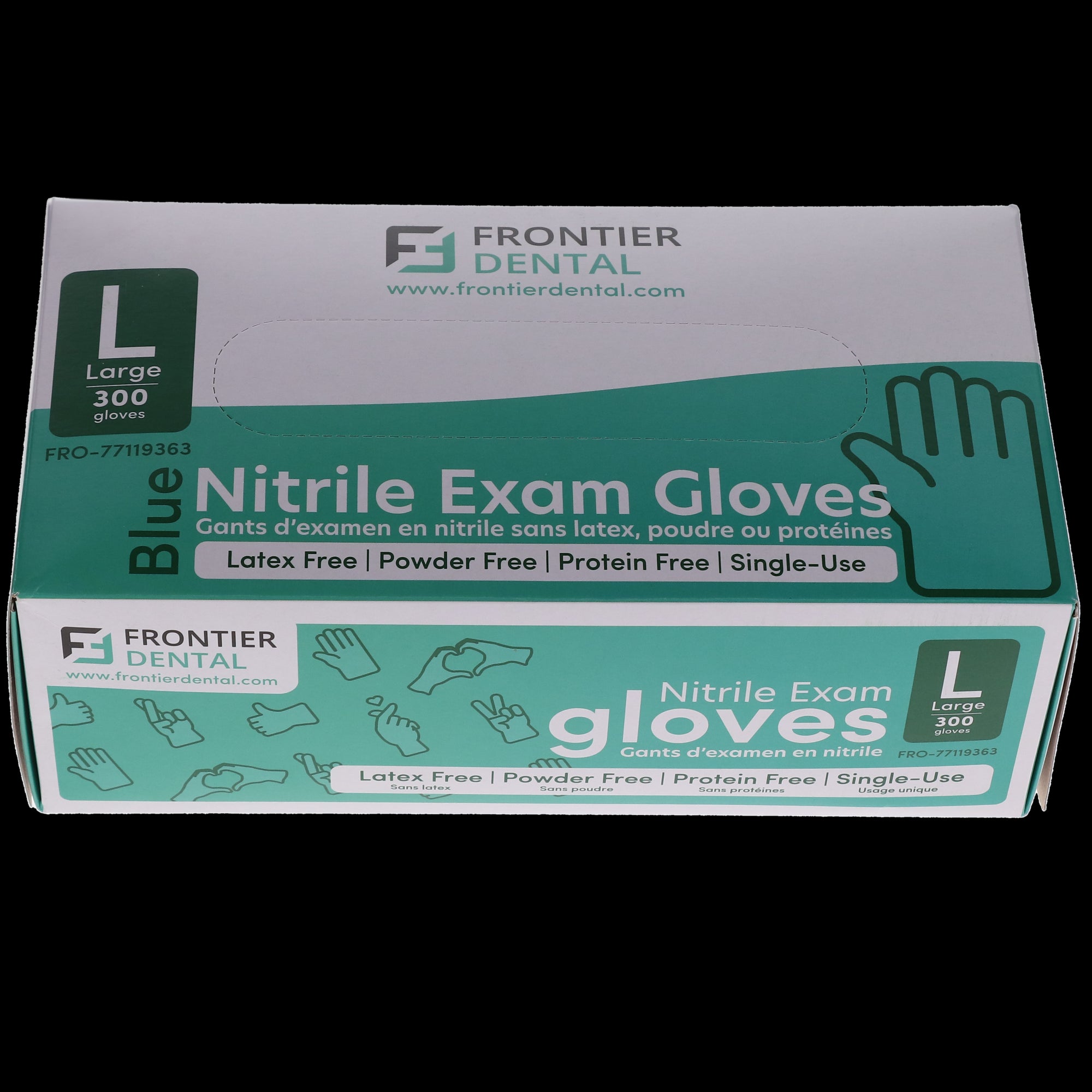 Frontier Dental 77119363 Nitrile Examination Gloves Powder Free Large 300/Bx