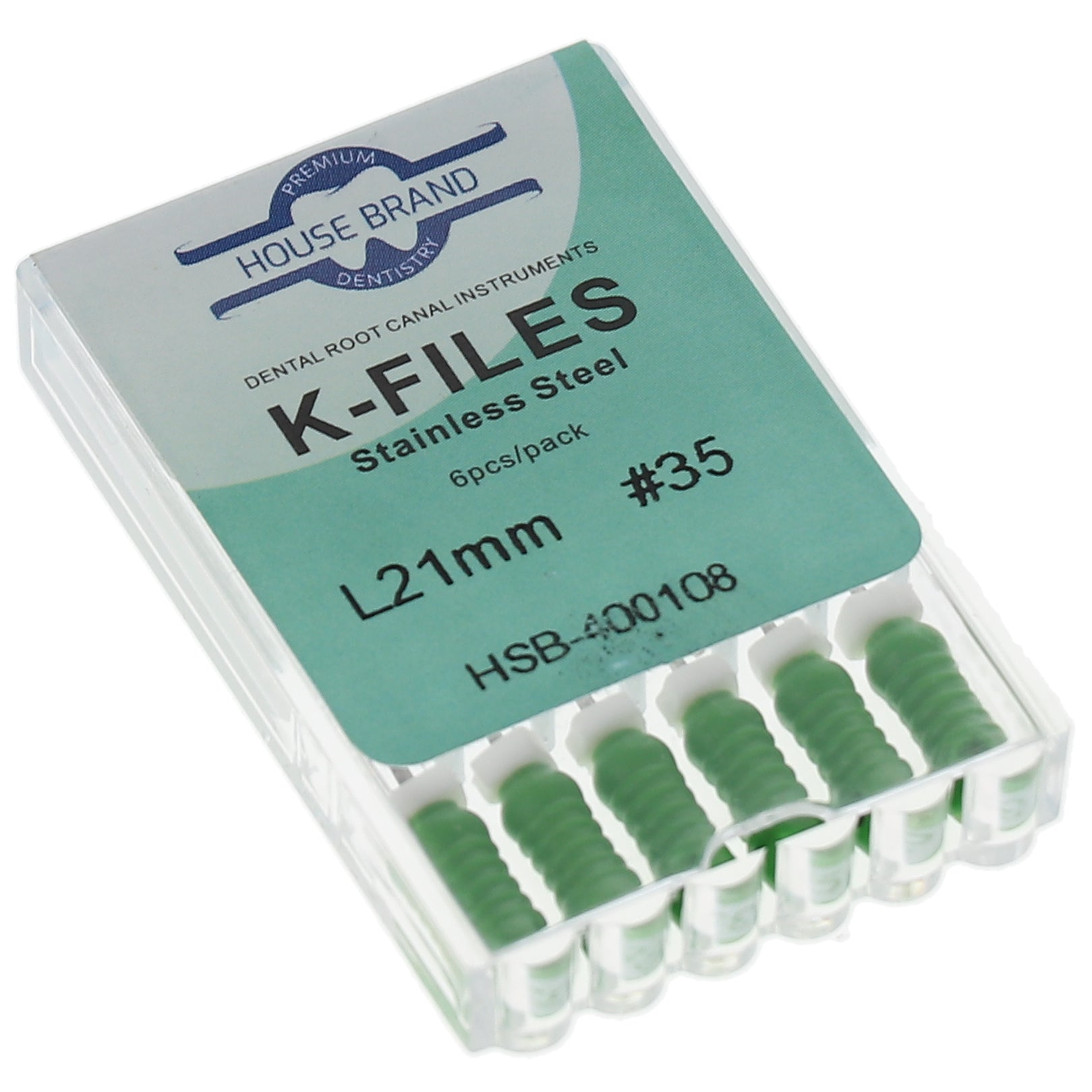 House Brand Dentistry 400108 HSB Endodontic K-Files 21mm #35 Green Stainless Steel 6/Pk