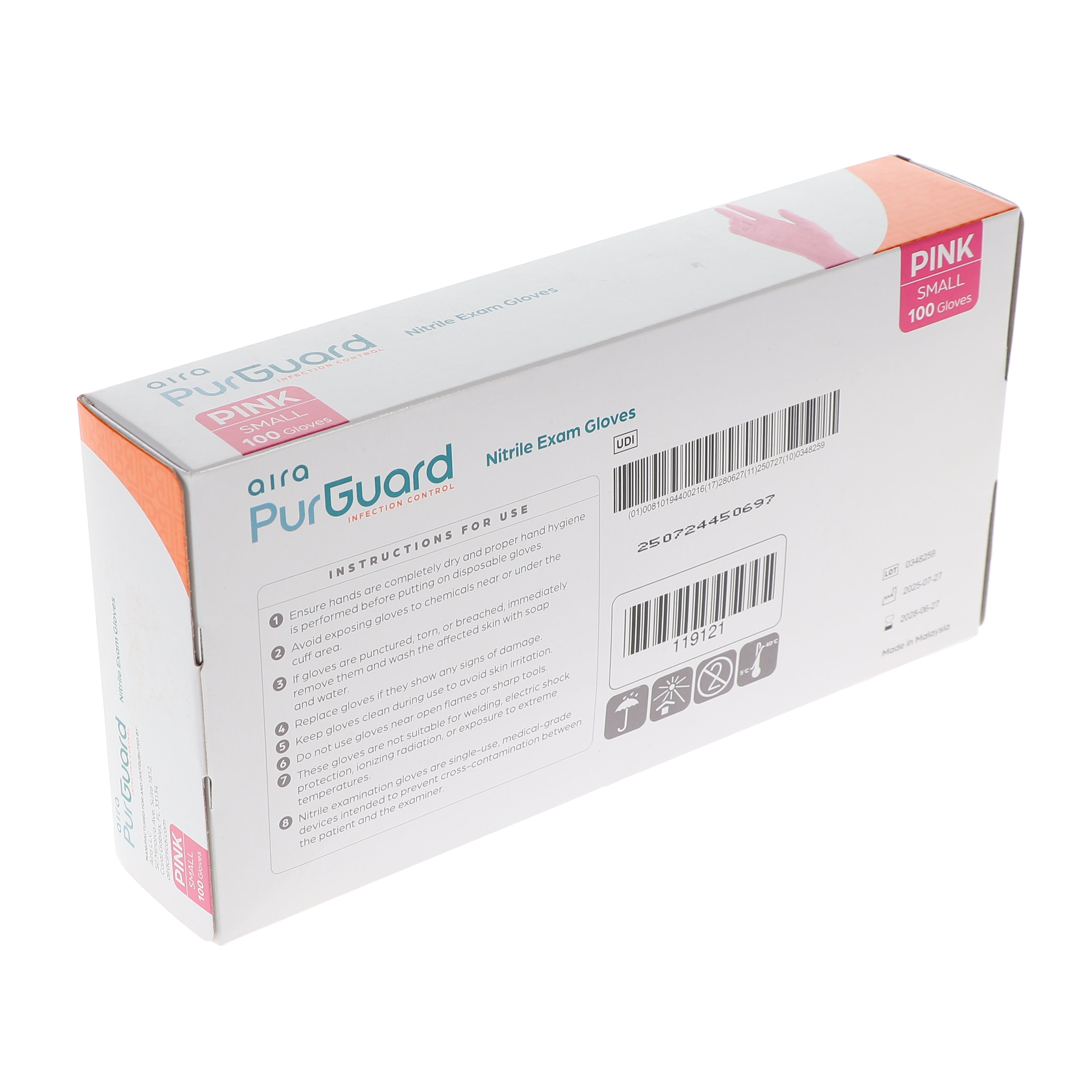 AIRA 119121 PurGuard Nitrile Exam Gloves Pink Small Latex Free Powder Free 100/Bx