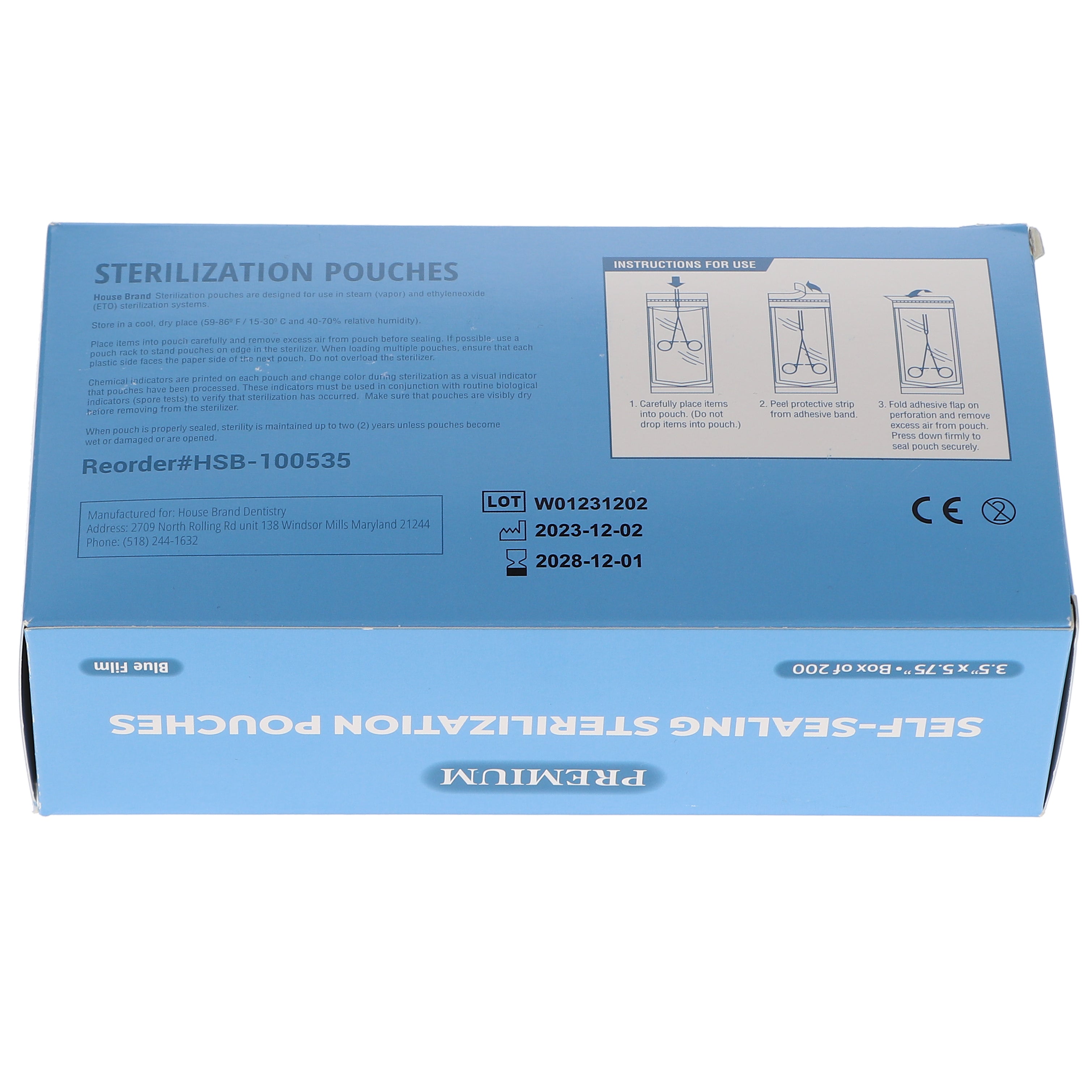 House Brand Dentistry 100535 HSB Self-Sealing Sterilization Pouches 3.5