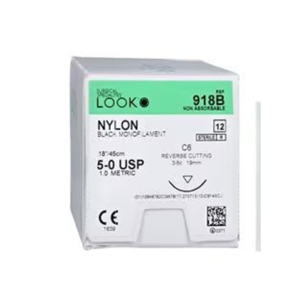 Look 918B Nylon Black Monofilament Reverse Cutting Sutures C6 3/8 Circle 5-0 18