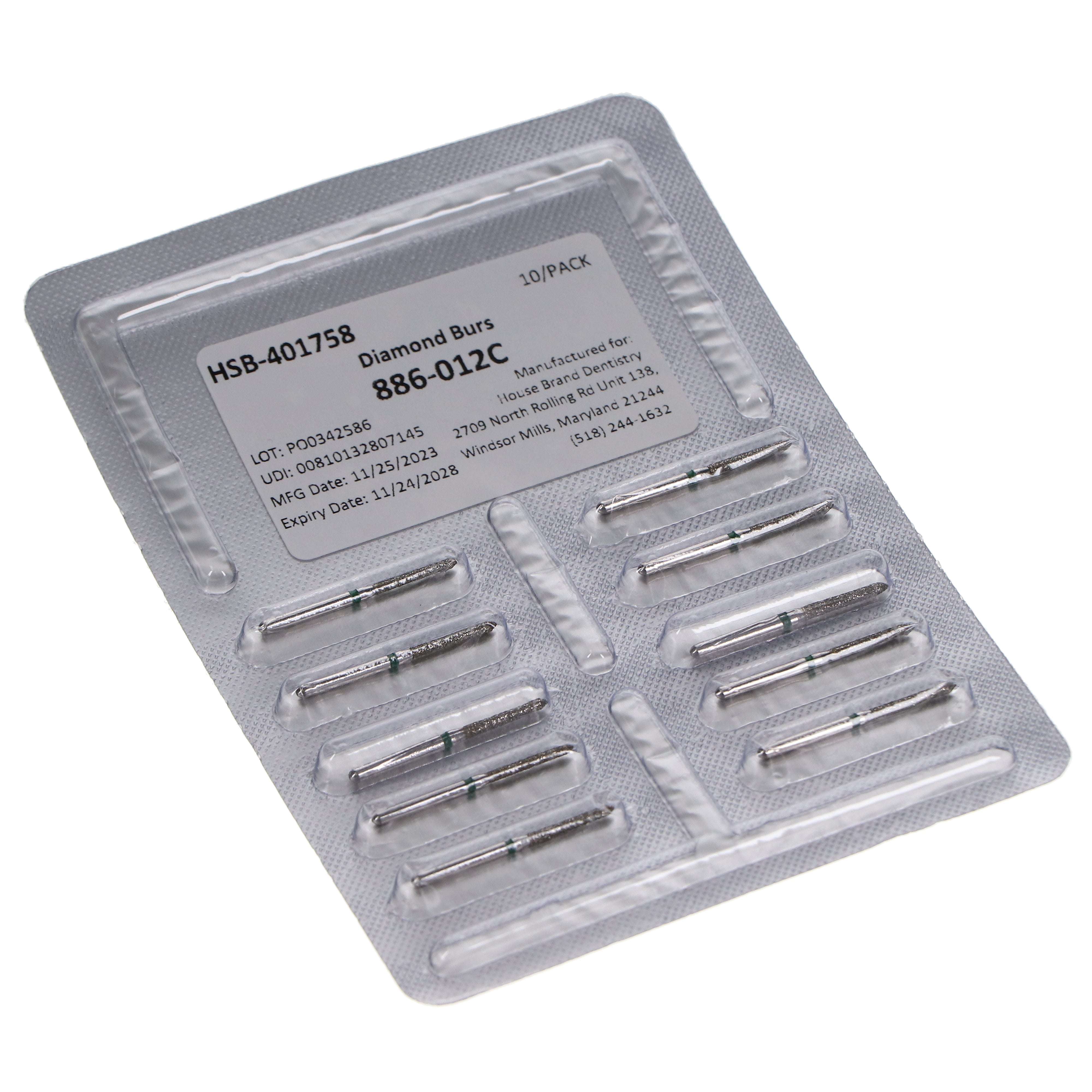 House Brand Dentistry 401758 HSB FG 886-012C Beveled Cylinder Coarse Grit Diamond Burs 10/Pk