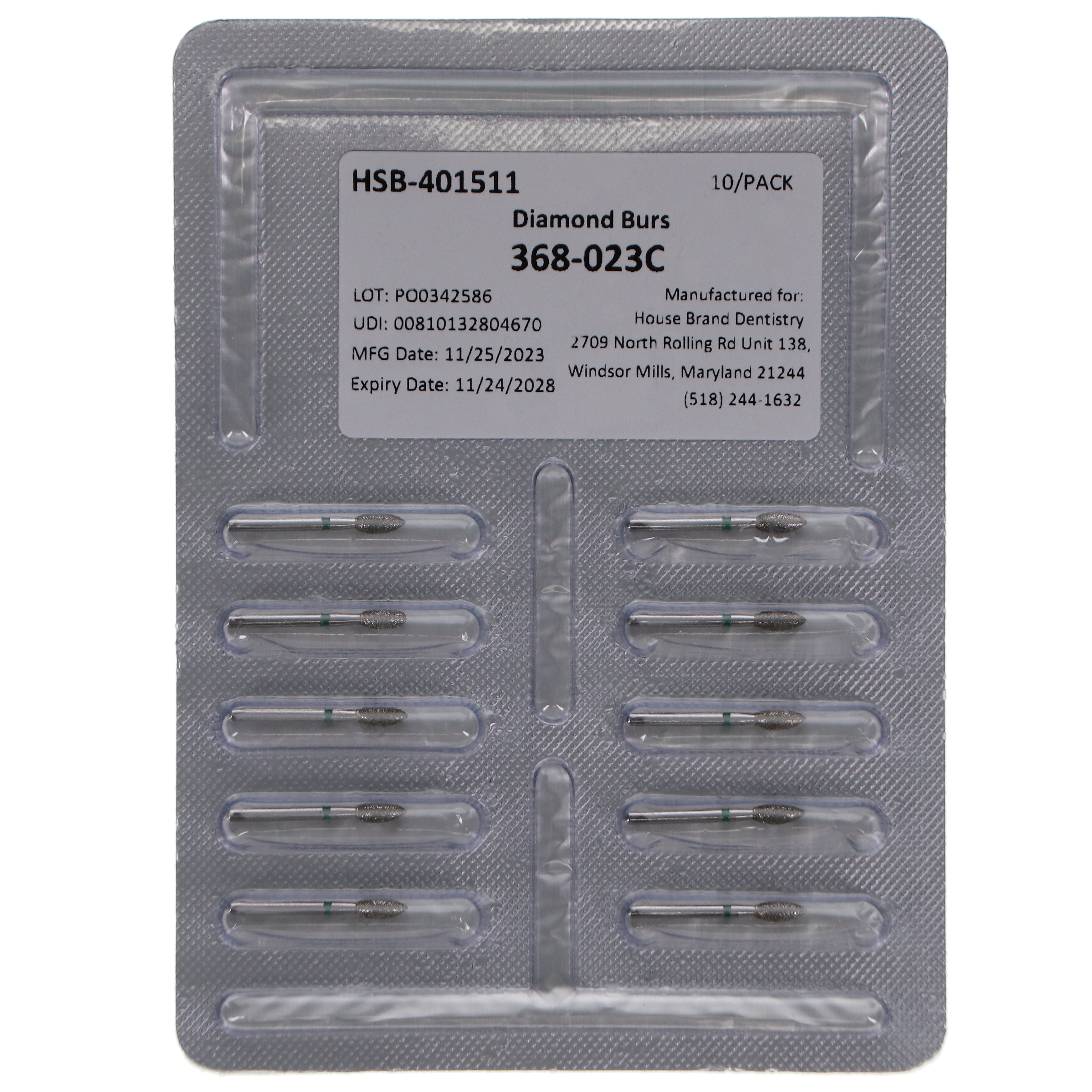 House Brand Dentistry 401511 FG 368-023C Football Coarse Grit Diamond Burs 10/Pk