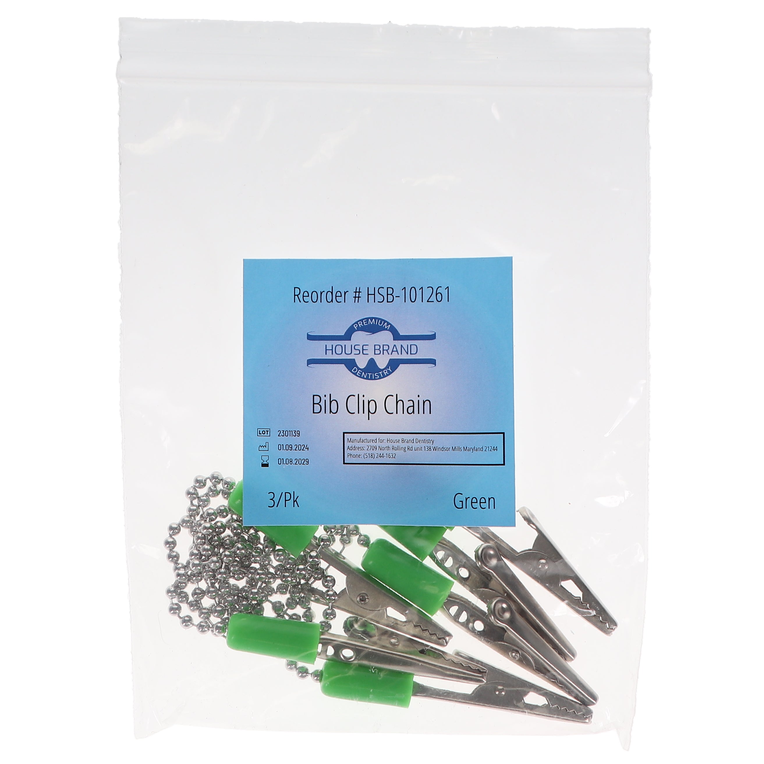 House Brand Dentistry 101261 HSB Dental Patient Bib Clips Chain Green 3/Pk