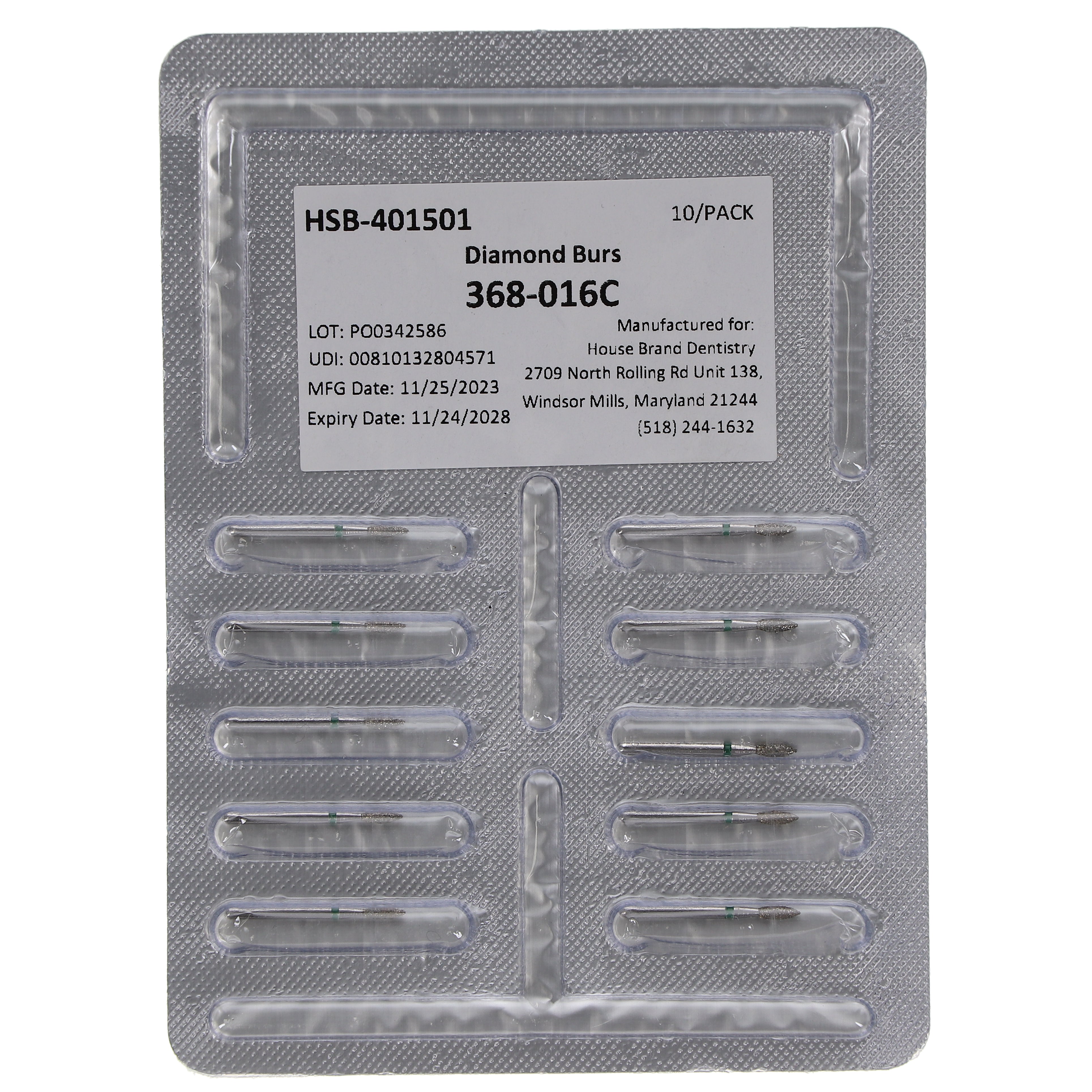 House Brand Dentistry 401501 FG HSB 368-016C Football Coarse Grit Diamonds 10/Pk