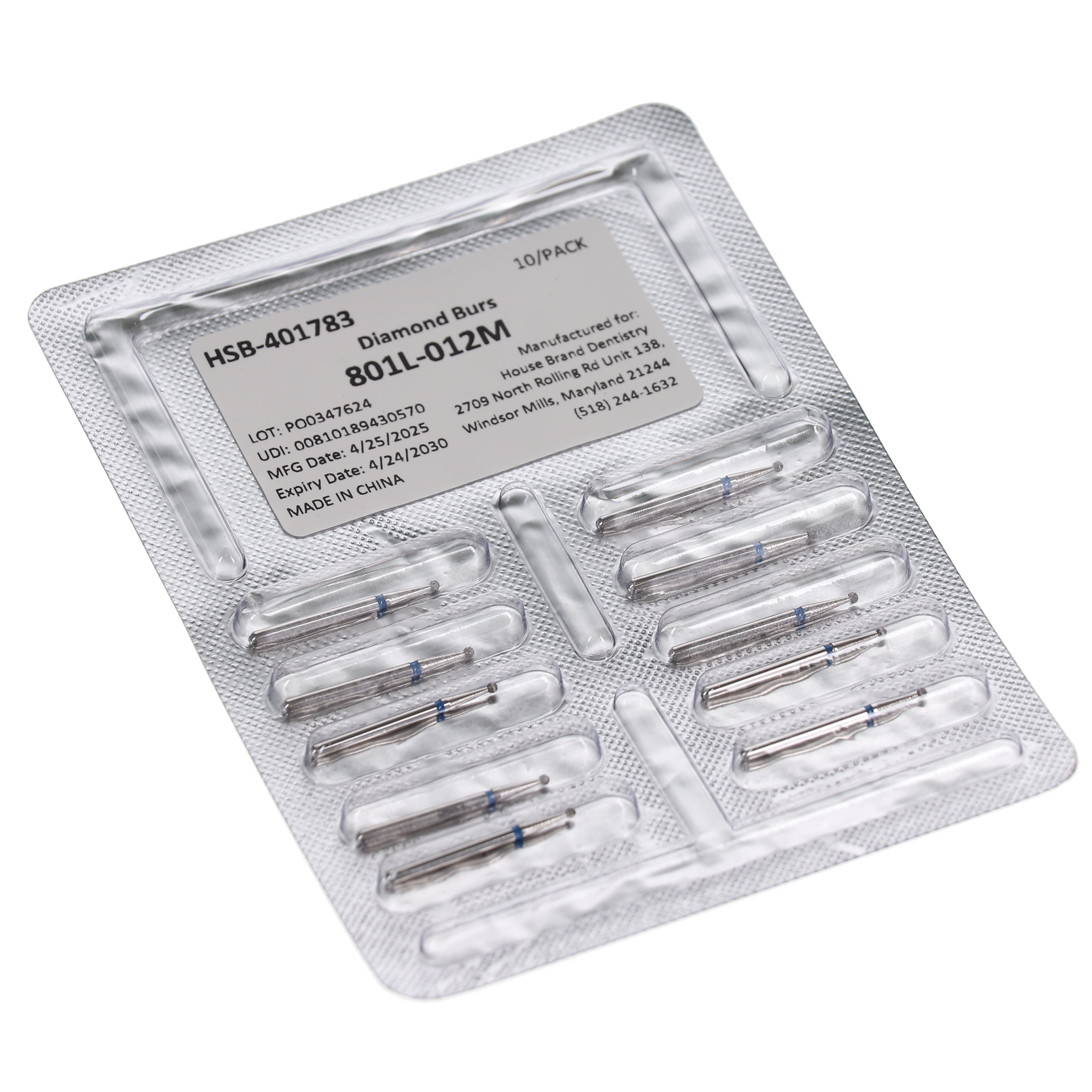 House Brand Dentistry 401783 HSB FG 801L-012M Long Round Medium Grit Diamond Burs 10/Pk