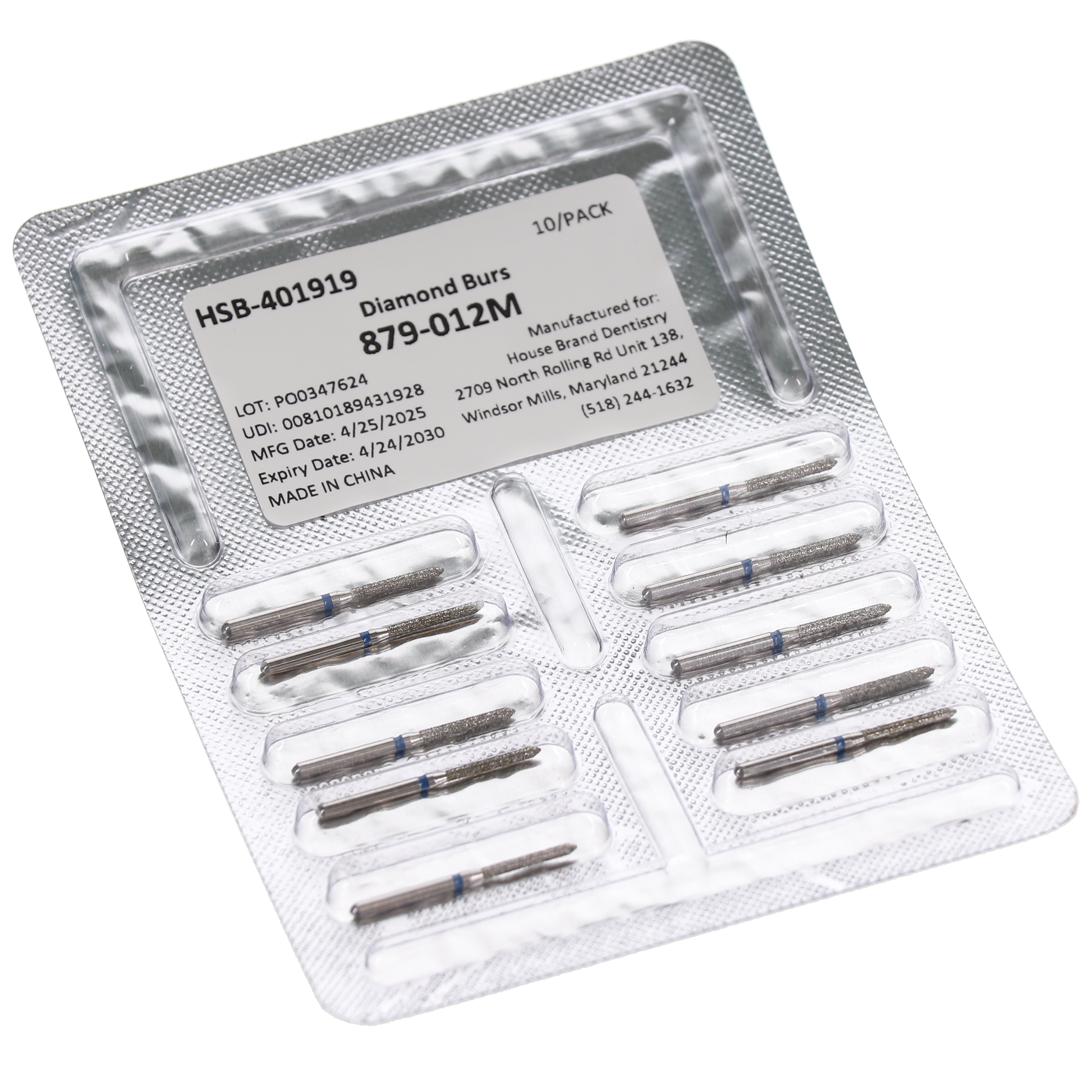 House Brand Dentistry 401919 HSB FG 879-012M Beveled Cylinder Medium Grit Diamond Burs 10/Pk
