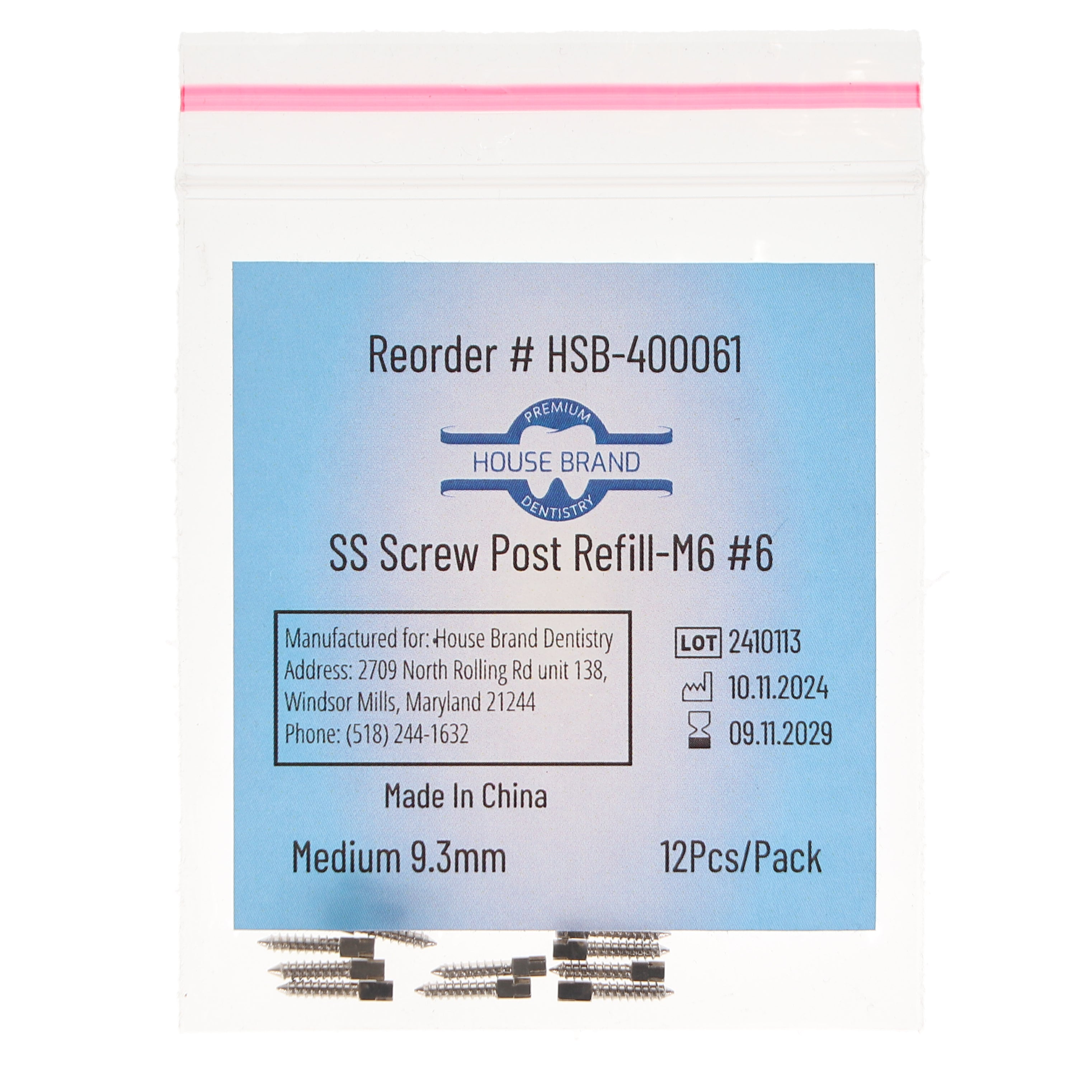 House Brand Dentistry 400061 HSB Screw Posts M6 #6 Medium 9.3mm Stainless Steel 12/Pk