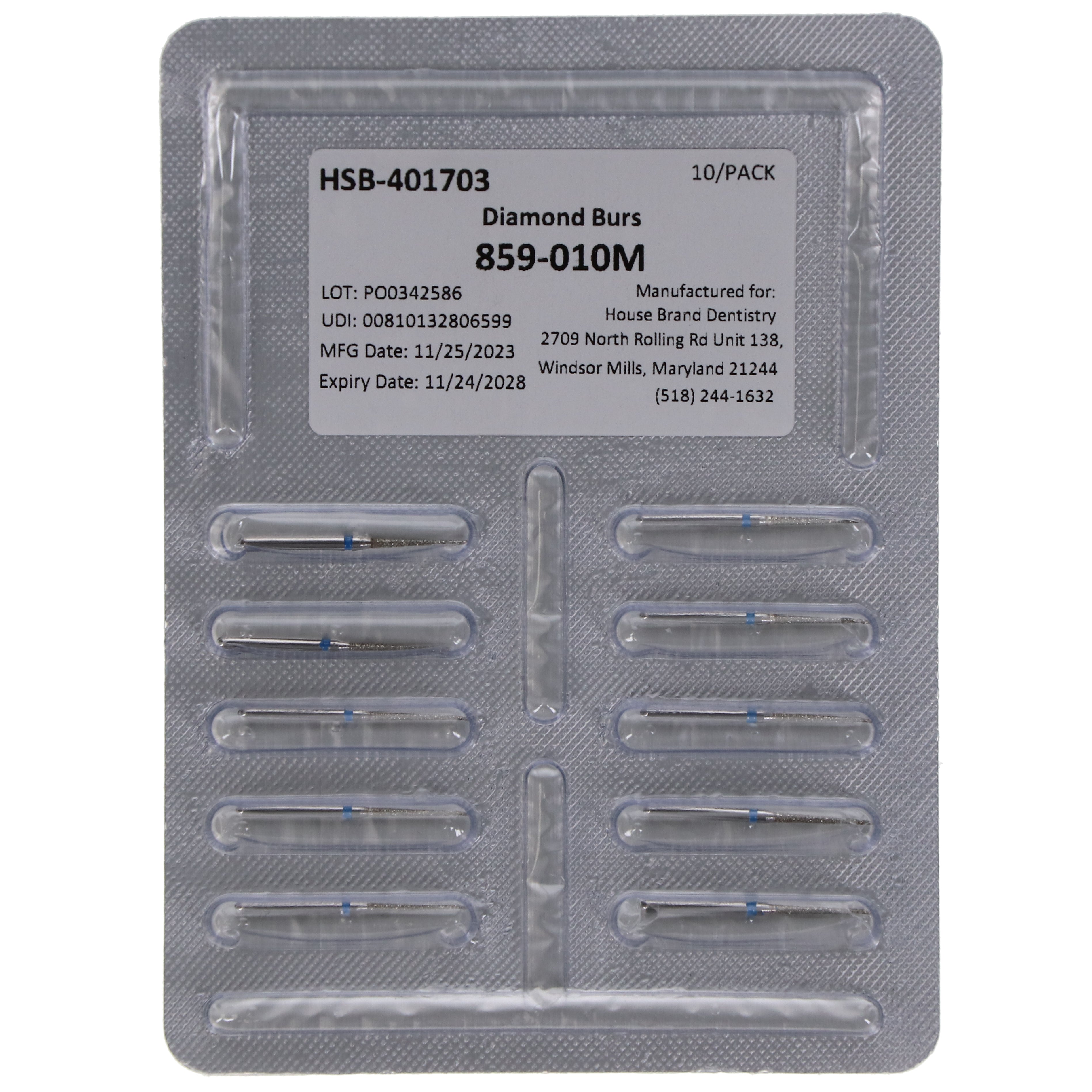 House Brand Dentistry 401703 HSB FG 859-010M Needle Medium Grit Diamond Burs 10/Pk