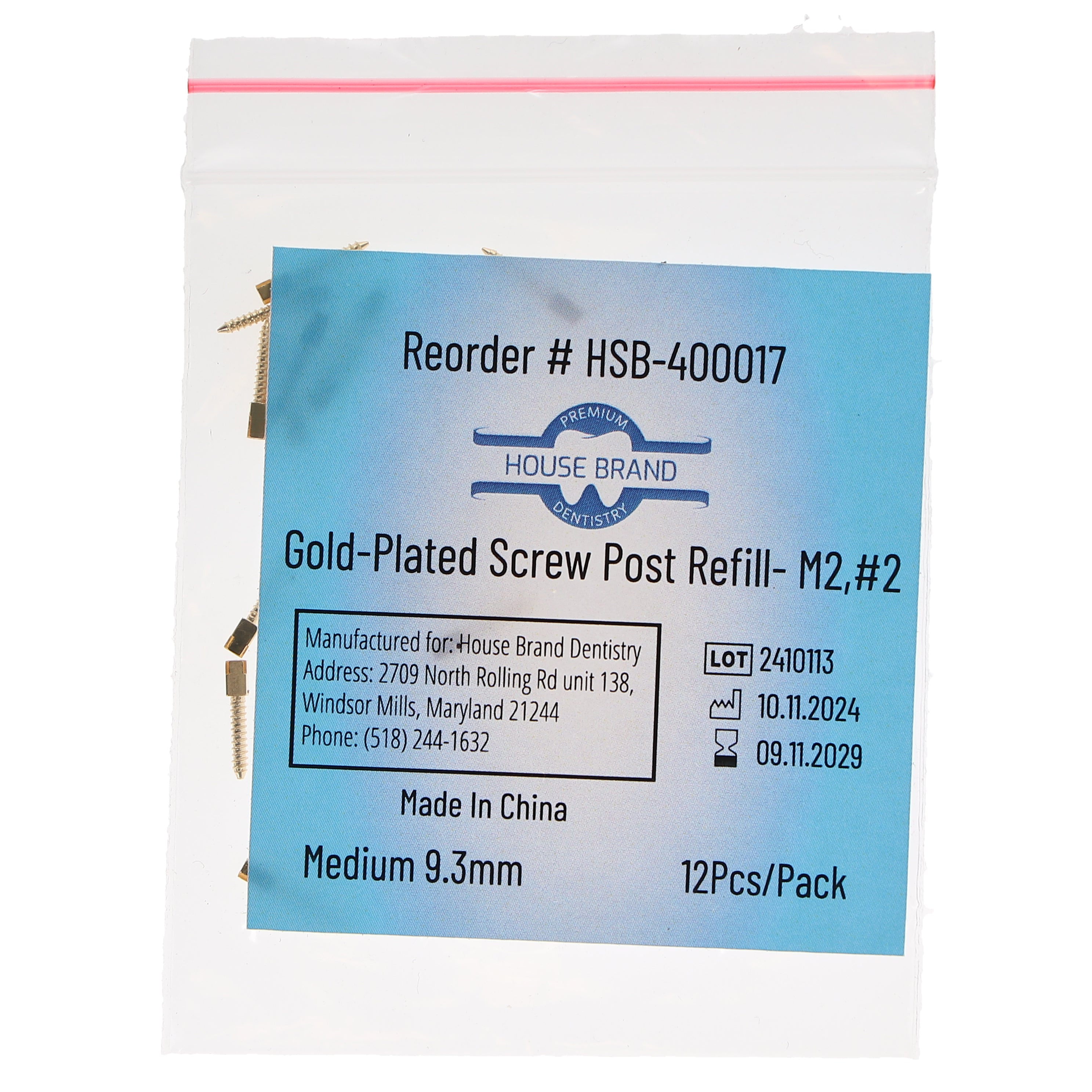 House Brand Dentistry 400017 HSB Gold Plated Screw Posts M2 #2 Medium 9.3mm 12/Pk