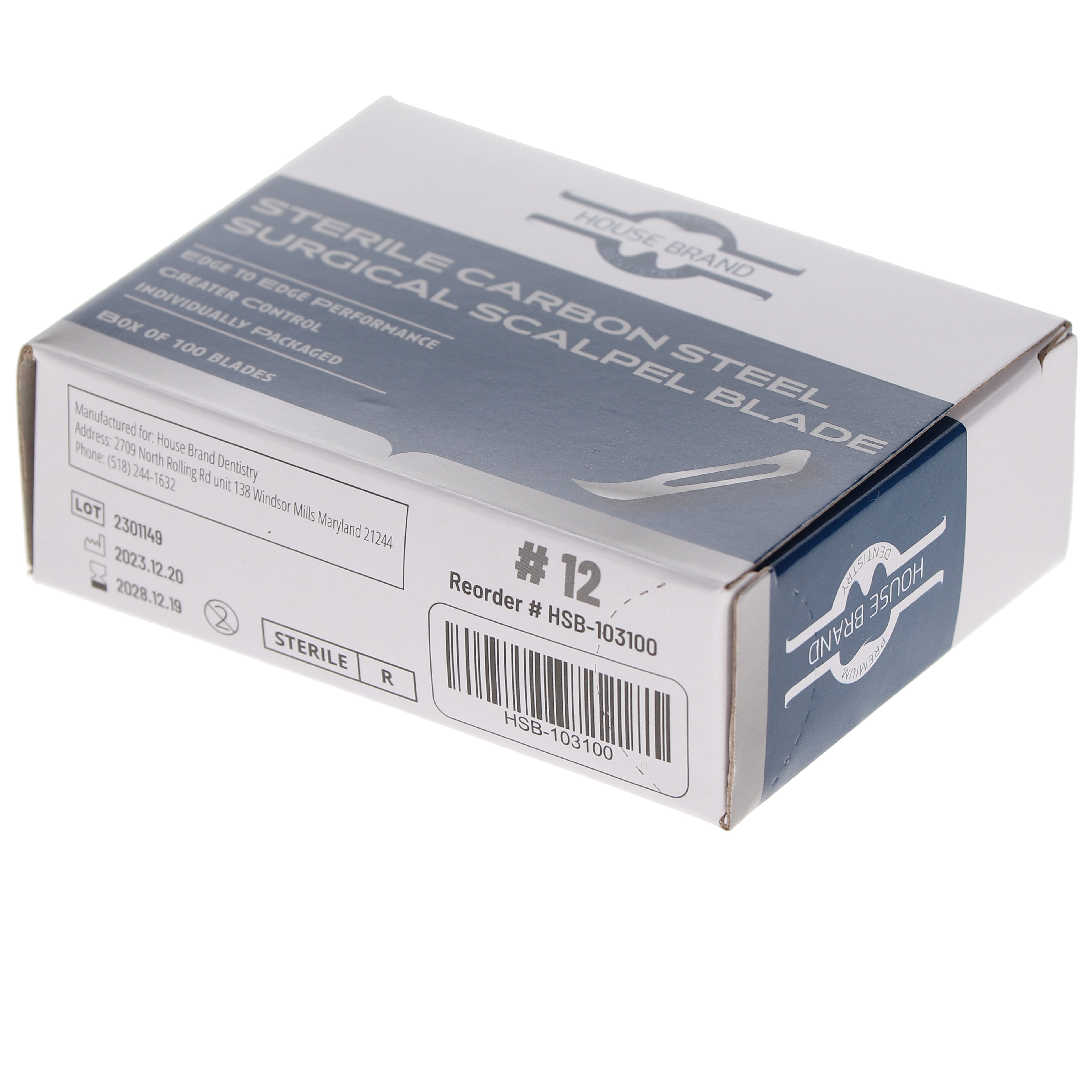 House Brand Dentistry 103100 HSB #12 Sterile Carbon Steel Surgical Scalpel Blades 100/Pk