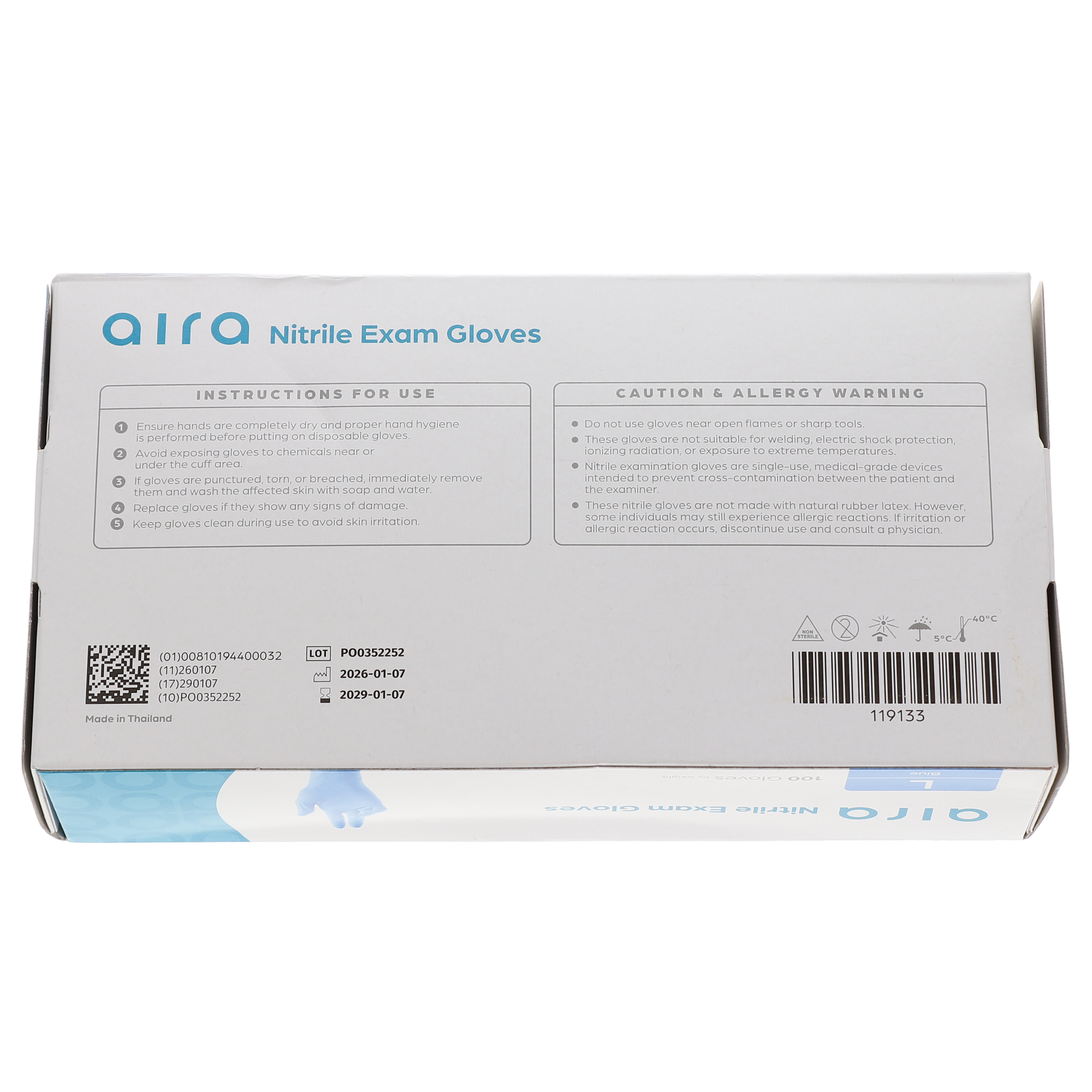 Aira 119133, Nitrile Exam Gloves, Latex-Free, Medical Grade Disposable Gloves, Premium Quality Single-Use Gloves for Clinical & General Use, Large, 100/Bx
