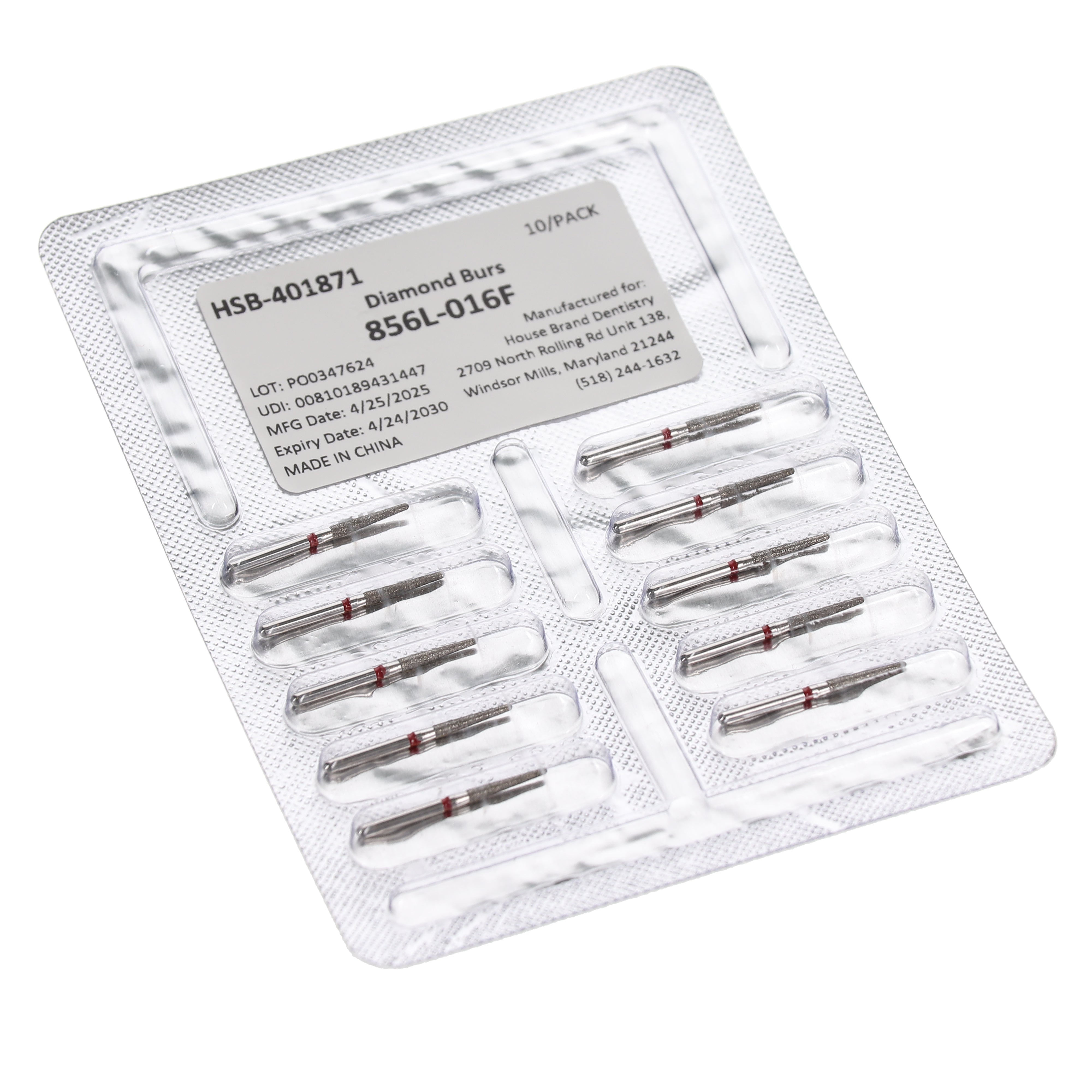House Brand Dentistry 401871 HSB FG 856L-016F Long Round End Taper Fine Grit Diamond Burs 10/Pk