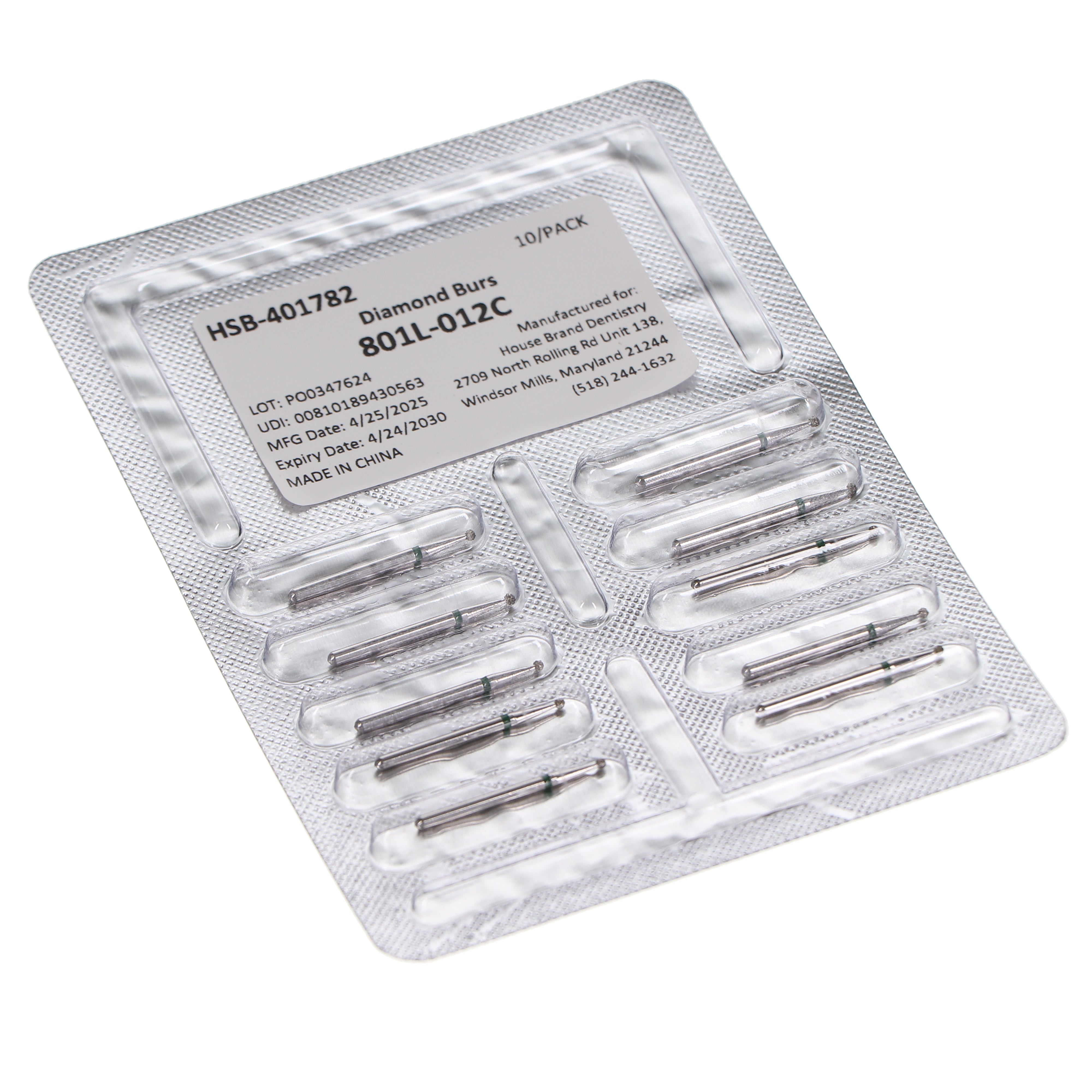 House Brand Dentistry 401782 HSB FG 801L-012C Long Round Coarse Grit Diamond Burs 10/Pk