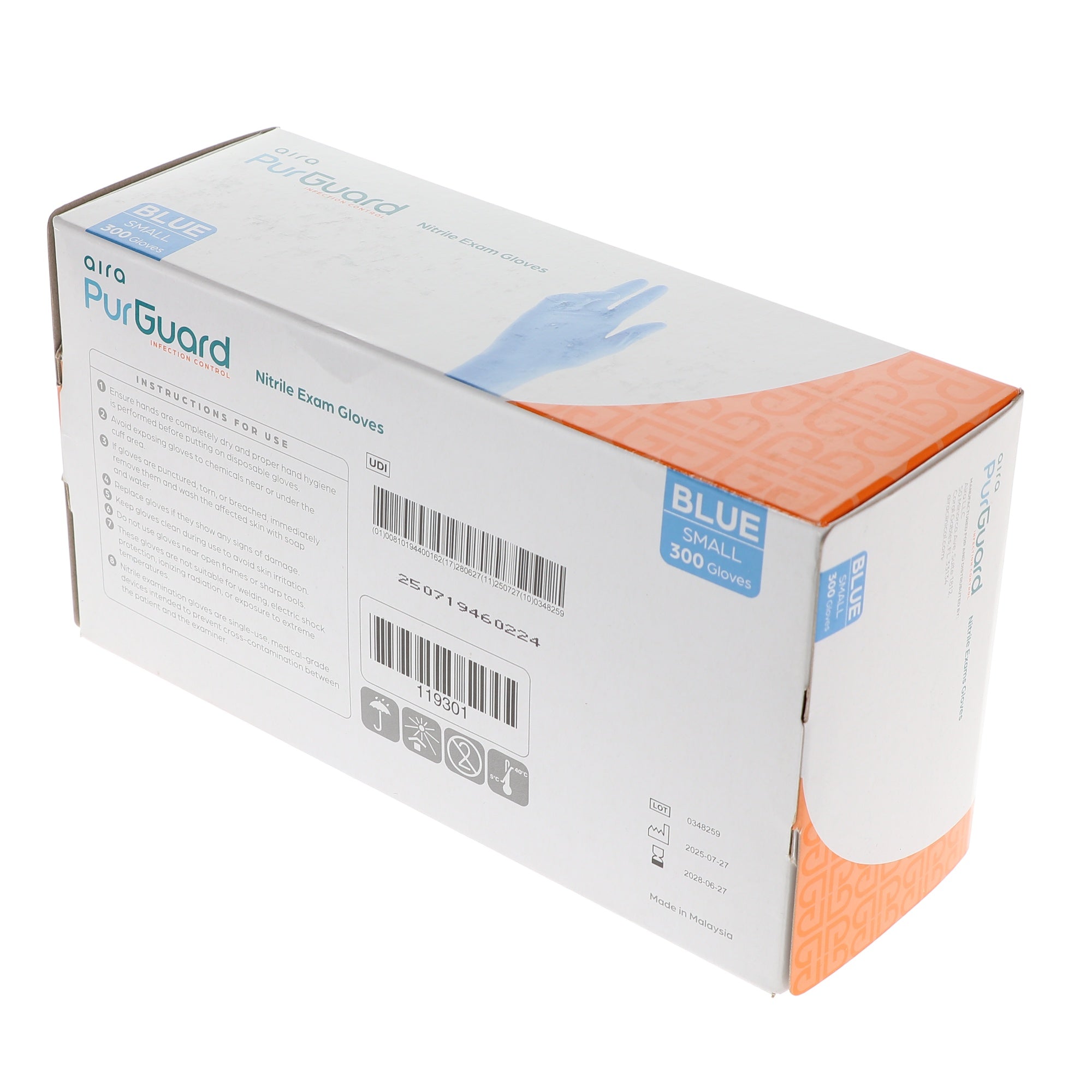 Aira 119301 PurGuard Nitrile Exam Gloves Blue Small Latex Free 300/Bx