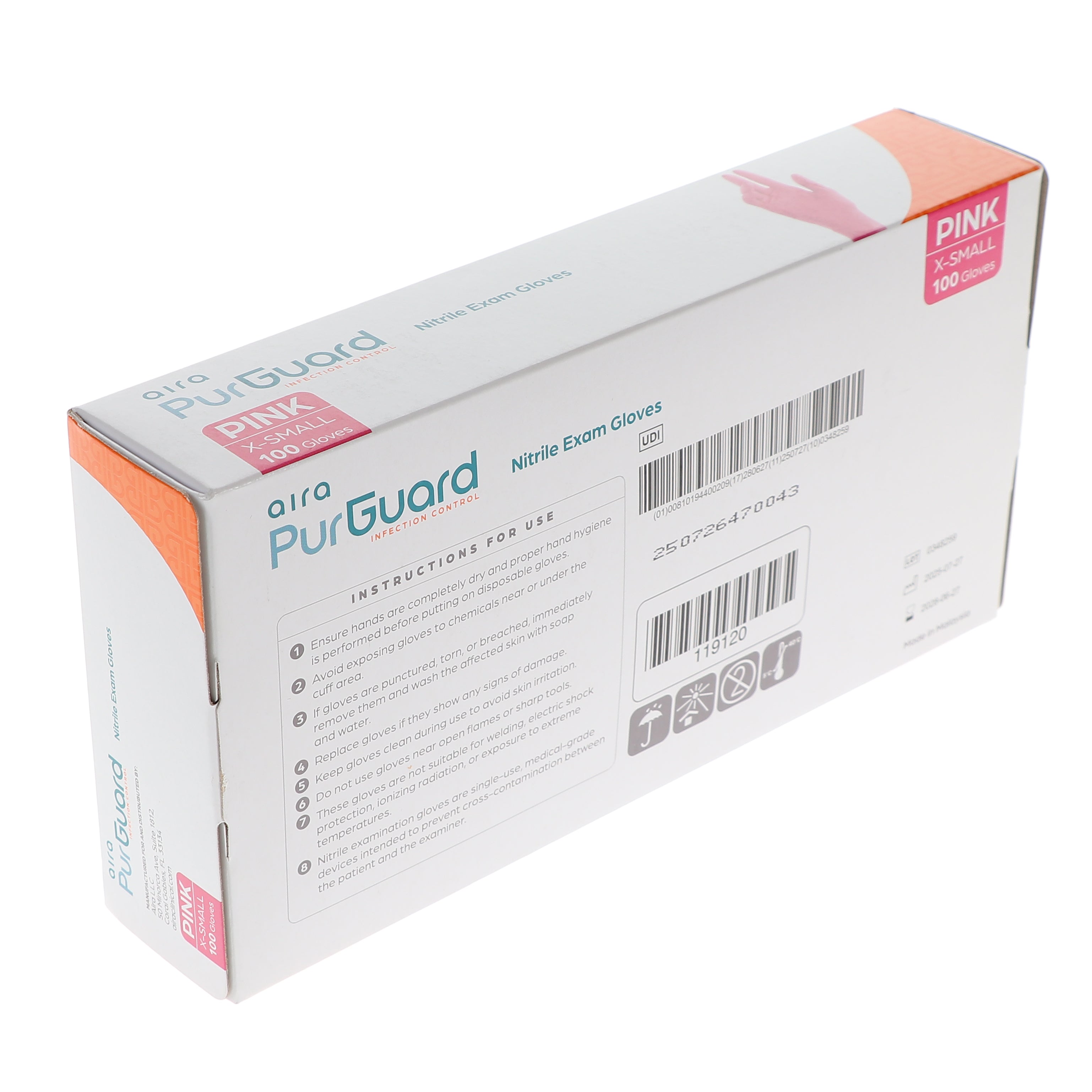 AIRA 119120 PurGuard Nitrile Exam Gloves Latex Free Powder Free Pink X-Small 100/Bx