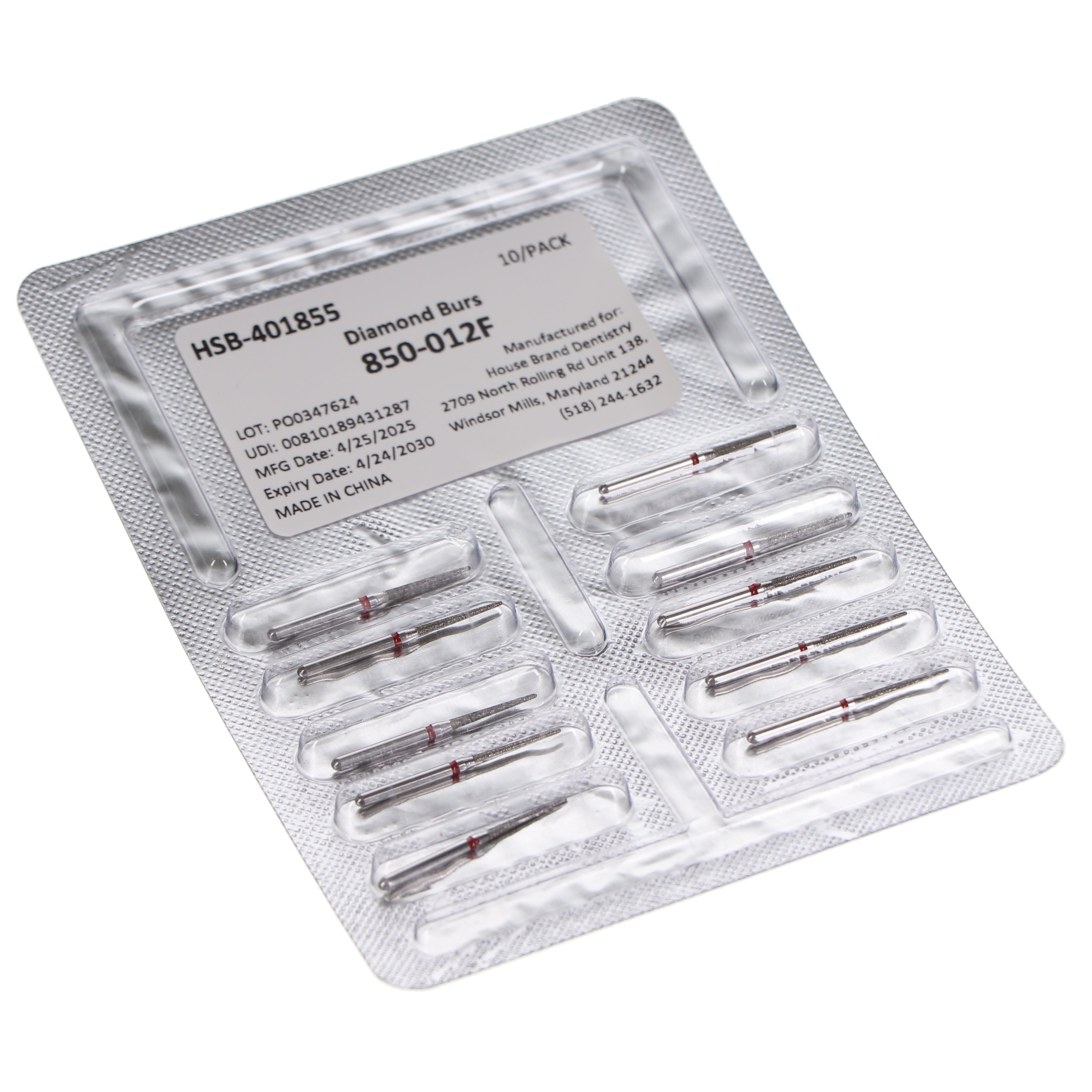 House Brand Dentistry 401855 HSB FG 850-012F Round End Taper Fine Grit Diamond Burs 10/Pk