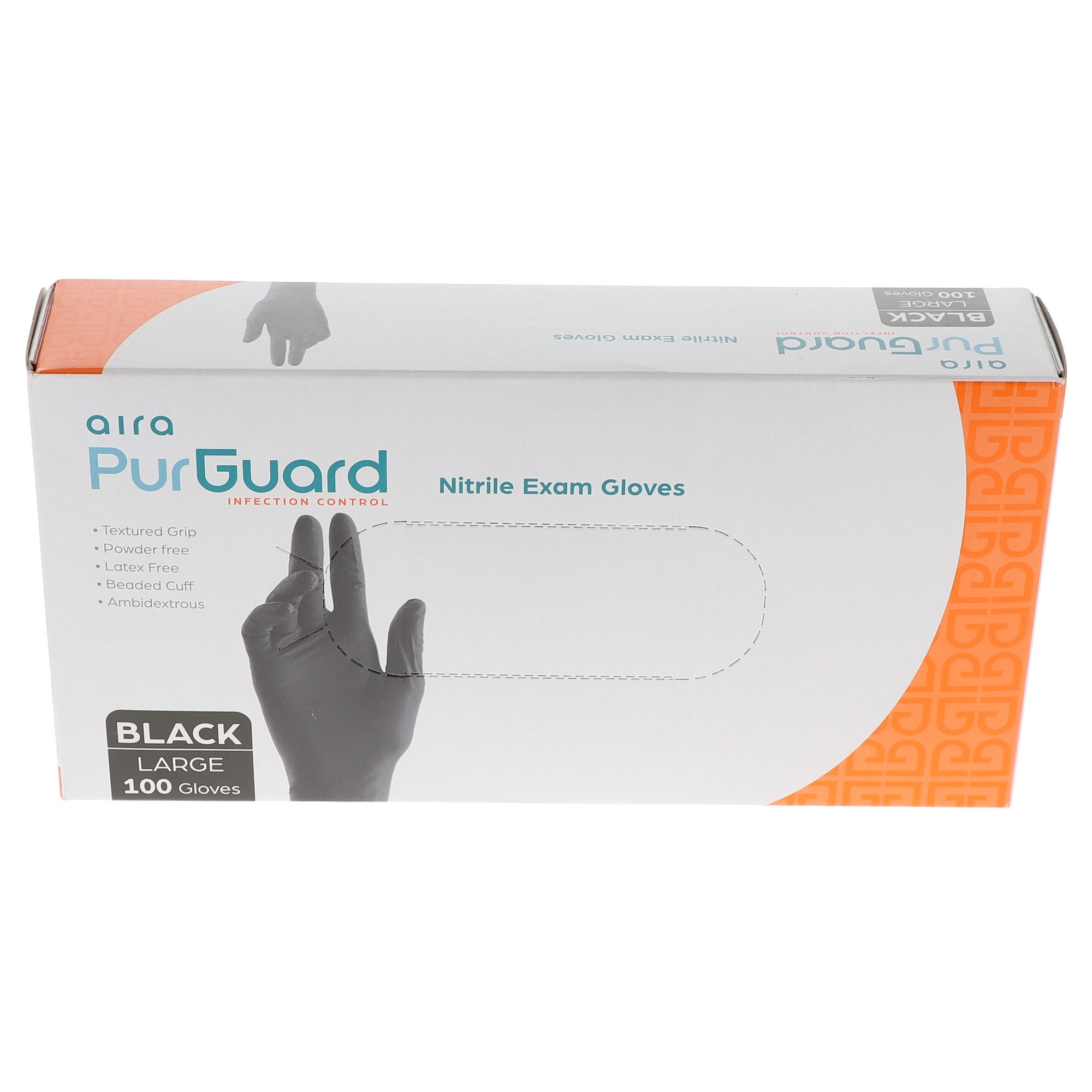 Aira 119143 PurGuard Nitrile Exam Gloves Black Large Latex Free 100/Bx