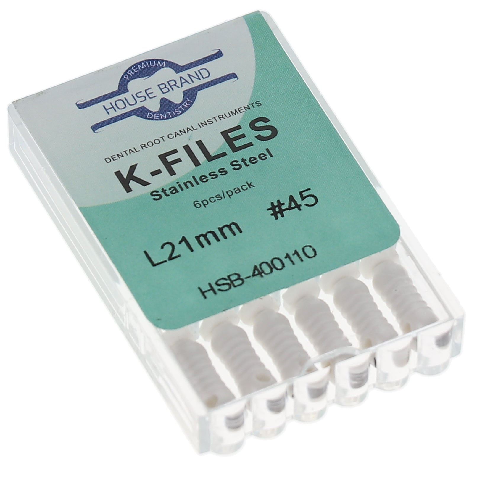 House Brand Dentistry 400110 HSB Endodontic K-Files 21mm #45 White Stainless Steel 6/Pk