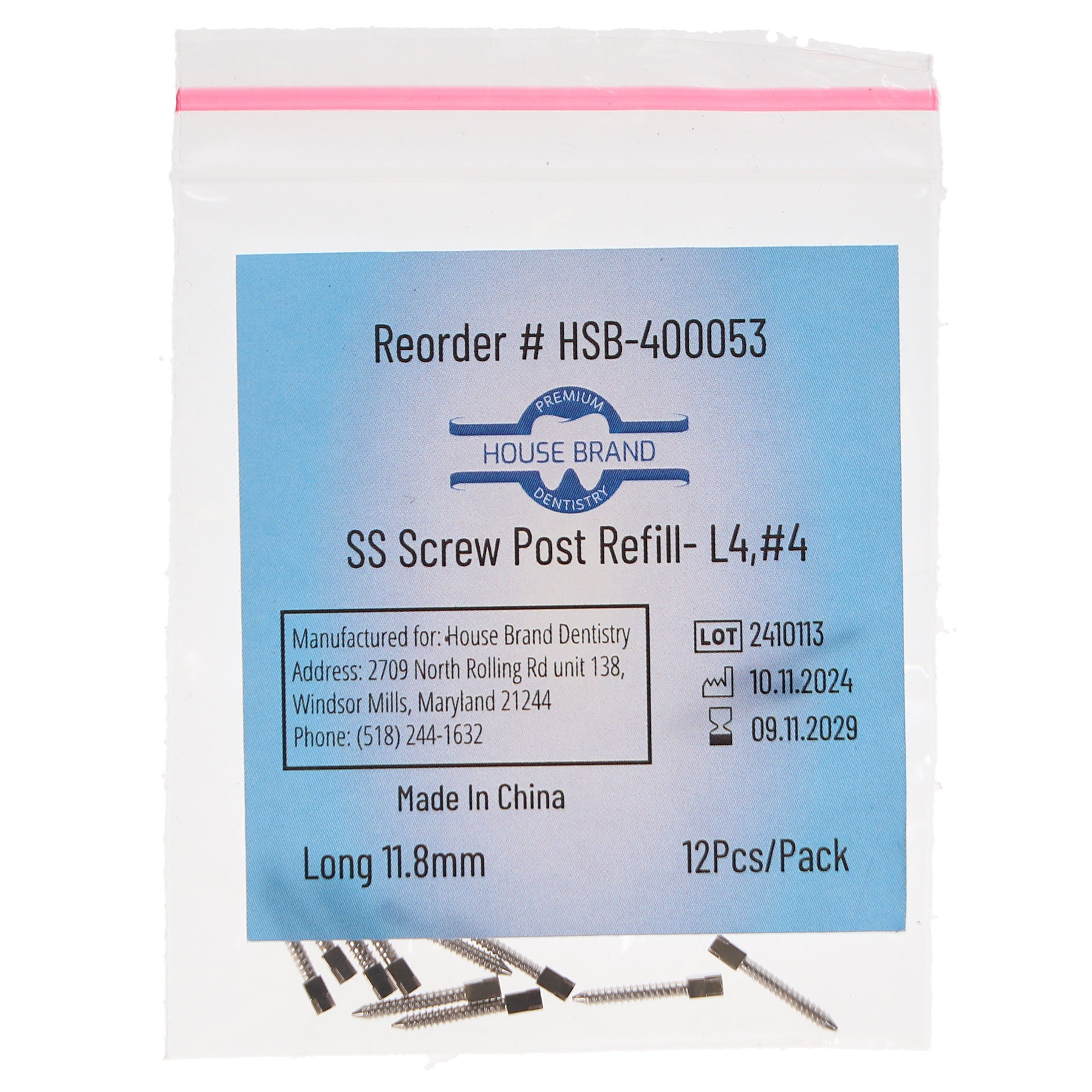 House Brand Dentistry 400053 HSB Screw Posts L4 #4 Long 11.8mm Stainless Steel 12/Pk