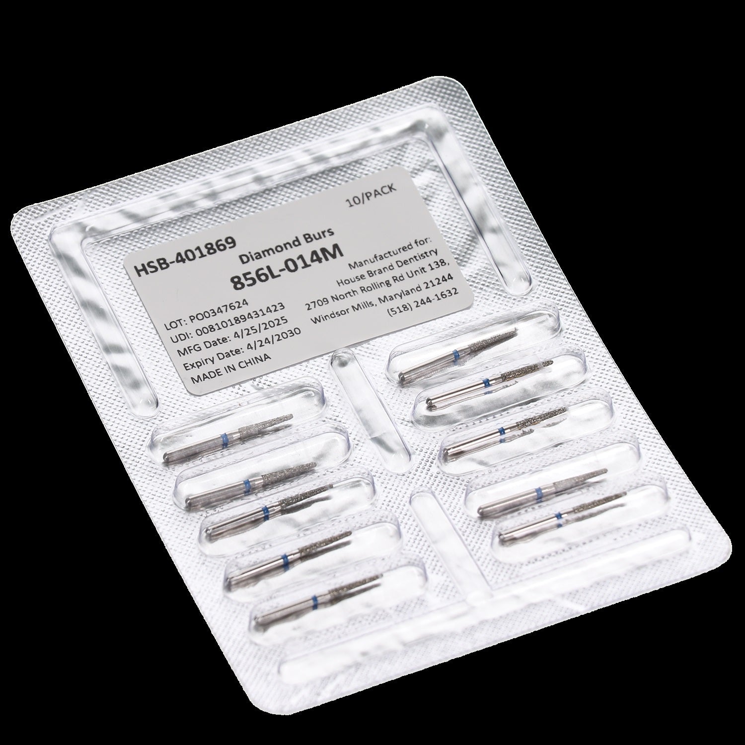 House Brand Dentistry 401869 HSB FG 856L-014M Long Round End Taper Medium Grit Diamond Burs 10/Pk