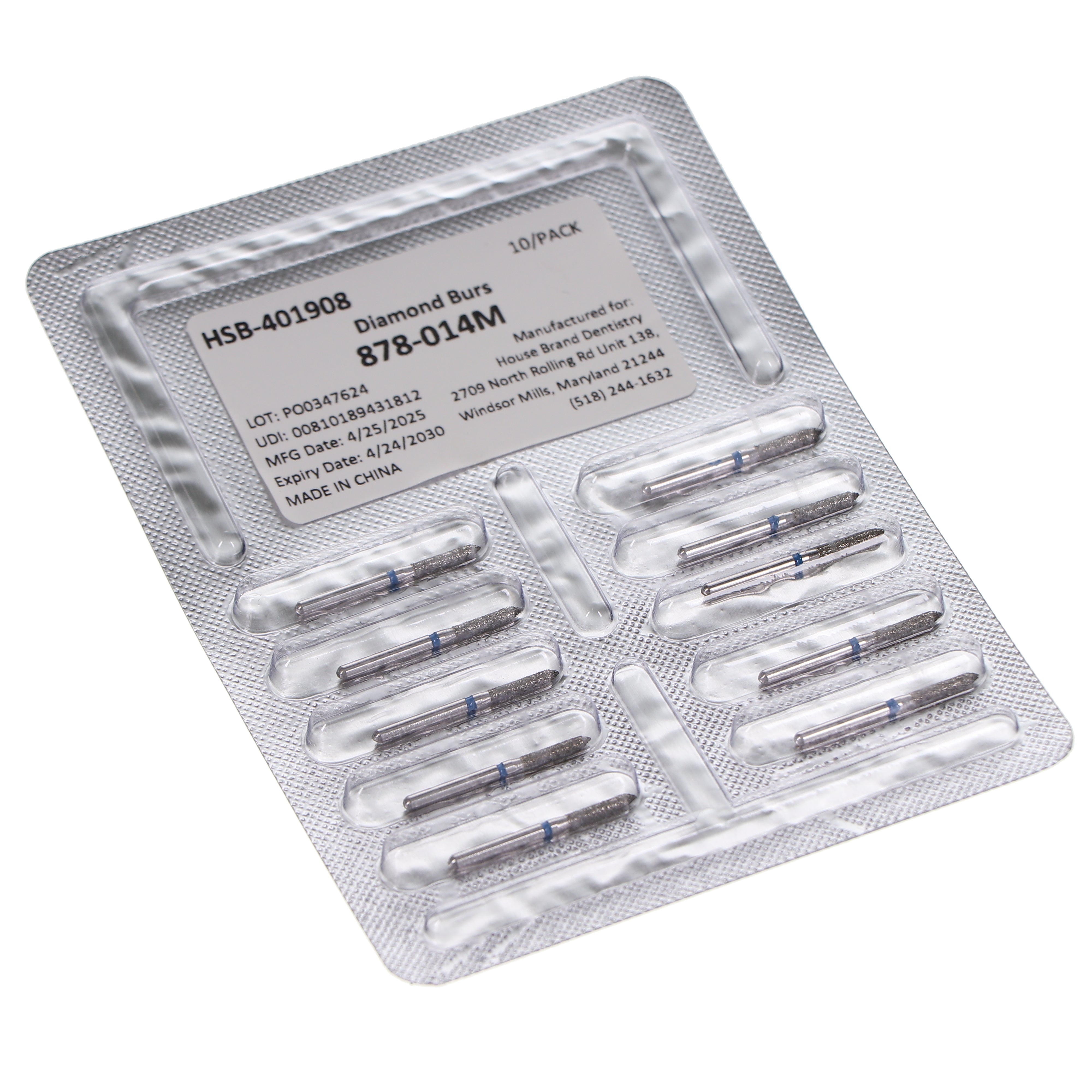 House Brand Dentistry 401908 HSB FG 878-014M Beveled Cylinder Medium Grit Diamond Burs 10/Pk