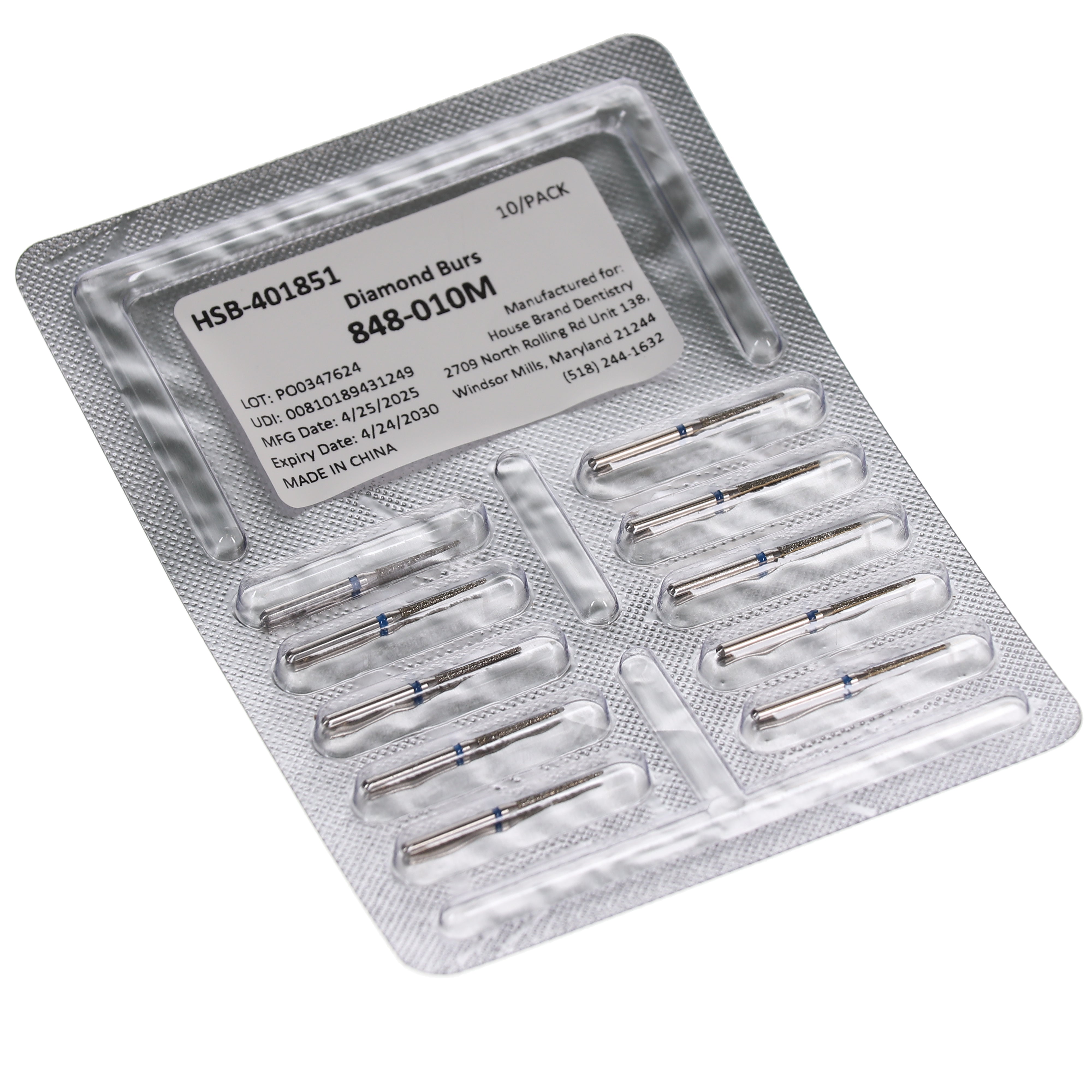 House Brand Dentistry 401851 HSB FG 848-010M Flat End Taper Medium Grit Diamond Burs 10/Pk