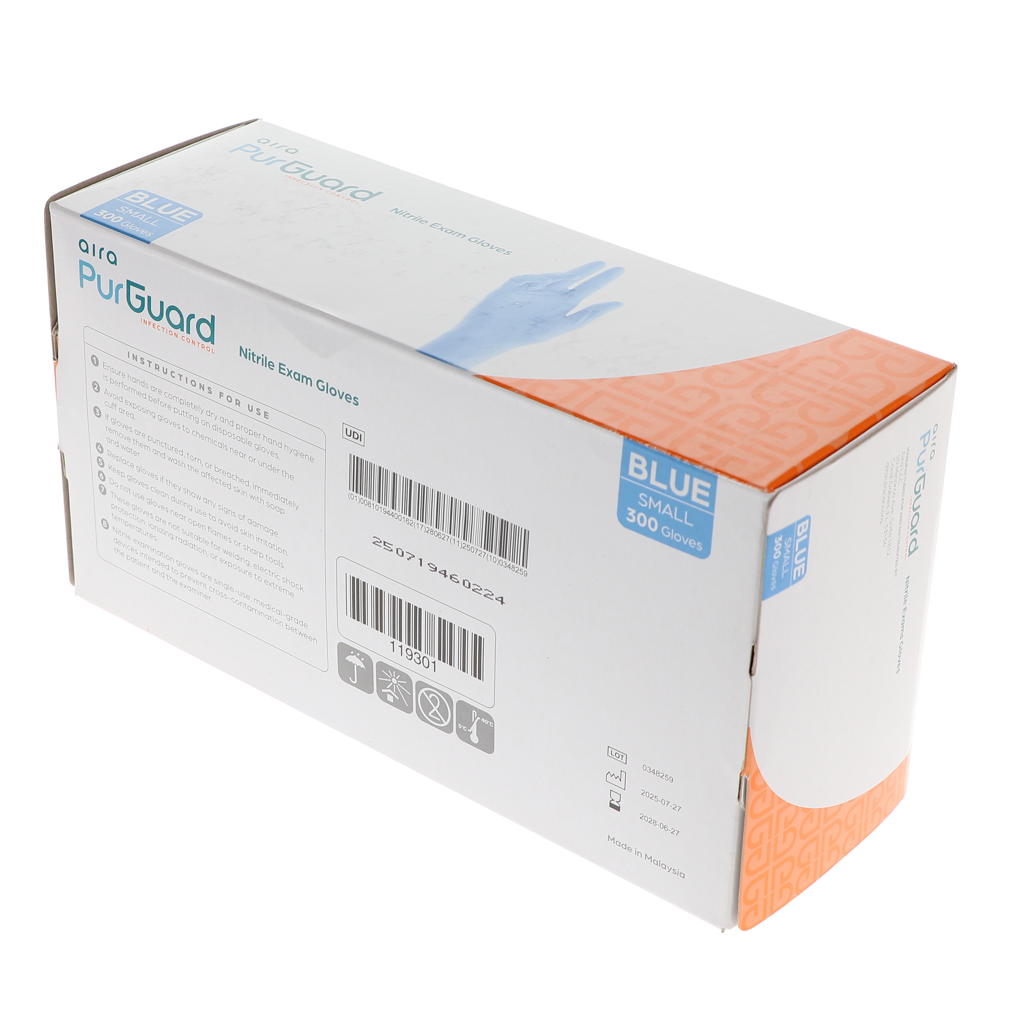 AIRA 119301 PurGuard Nitrile Exam Gloves Latex Free Powder Free Blue Small 300/Bx