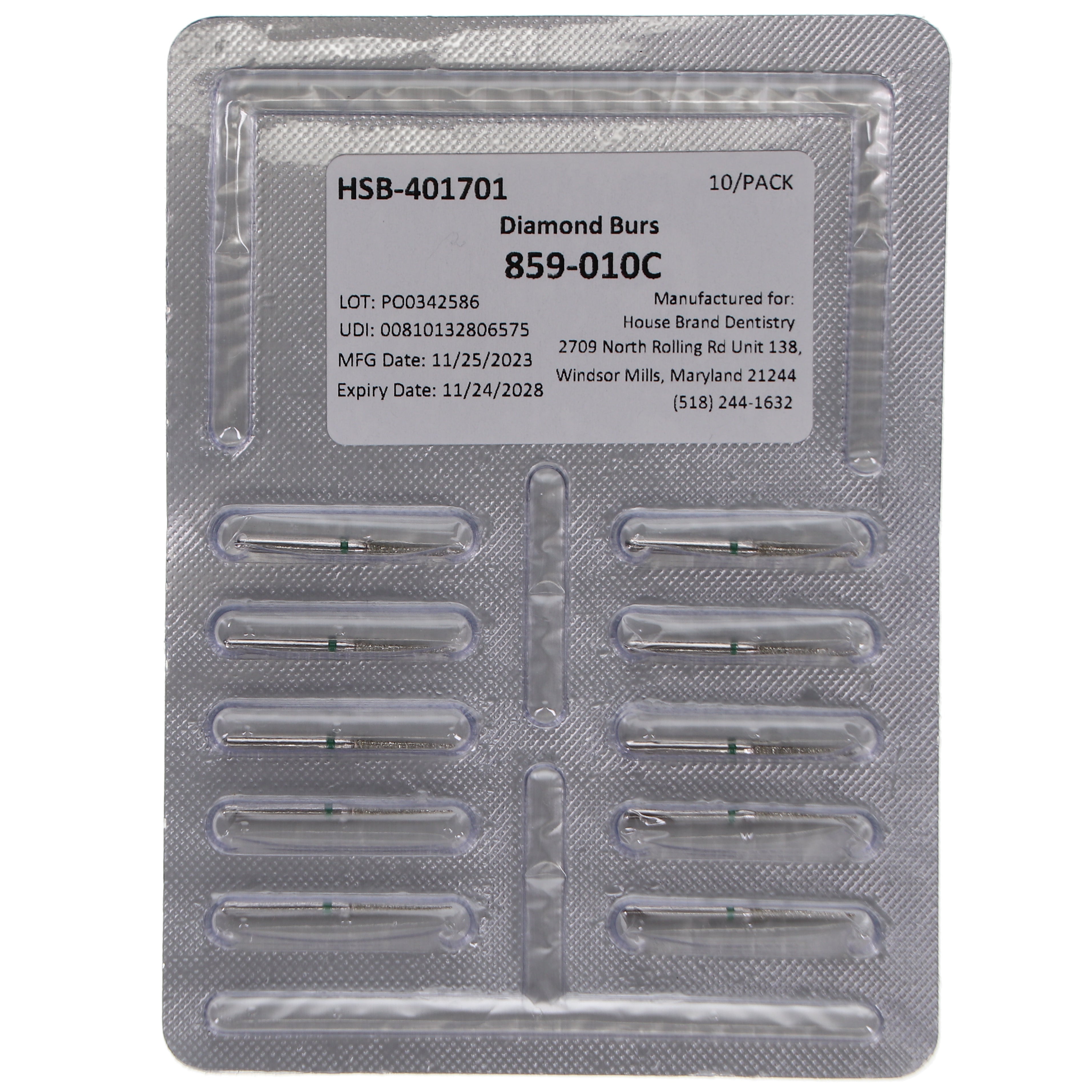 House Brand Dentistry 401701 HSB FG 859-010C Needle Coarse Grit Diamond Burs 10/Pk