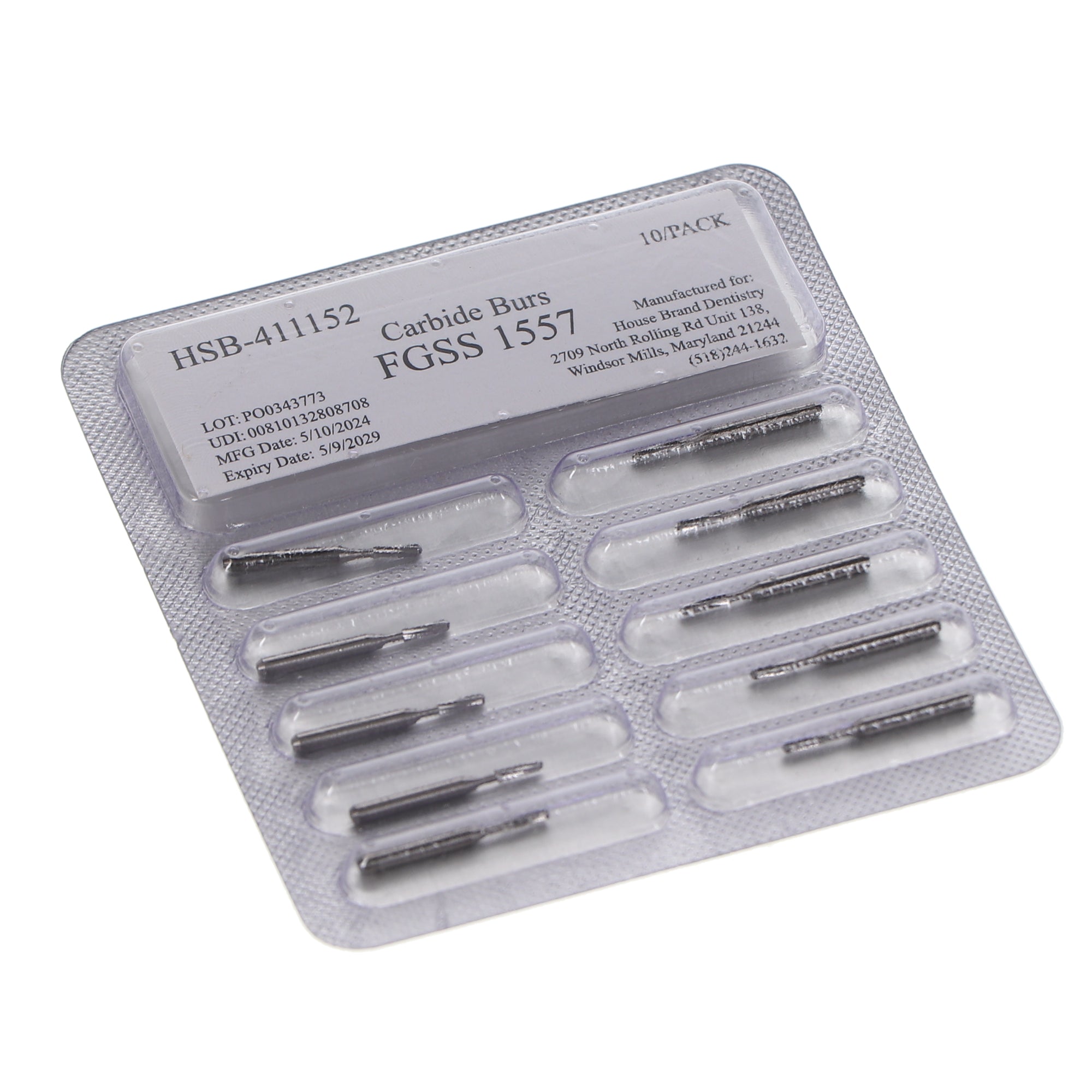 House Brand Dentistry 411152 HSB FG Short Shank #1557 Straight Dome Crosscut Carbide Burs 10/Pk