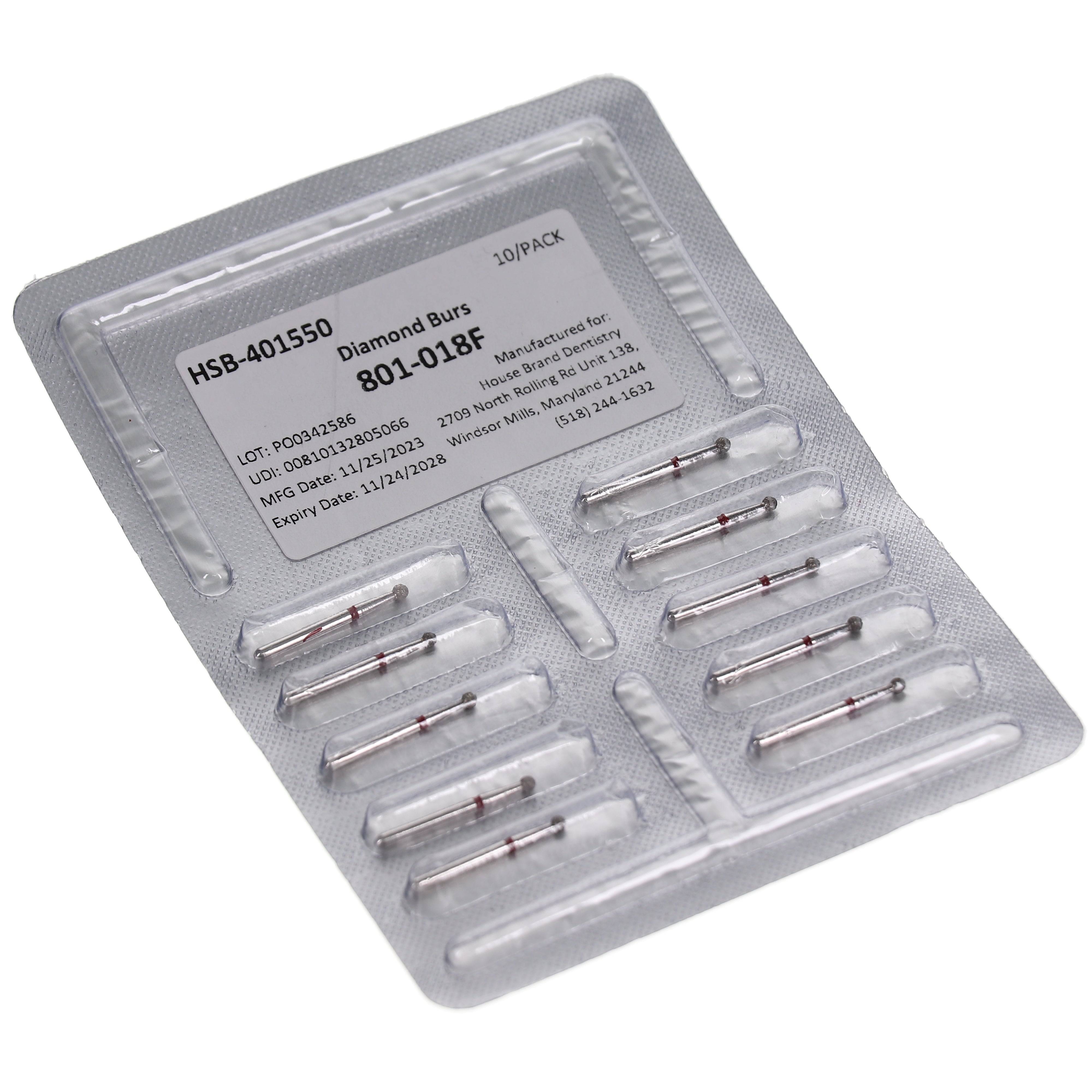 House Brand Dentistry 401550 HSB FG 801-018F Round Fine Grit Diamond Burs 10/Pk