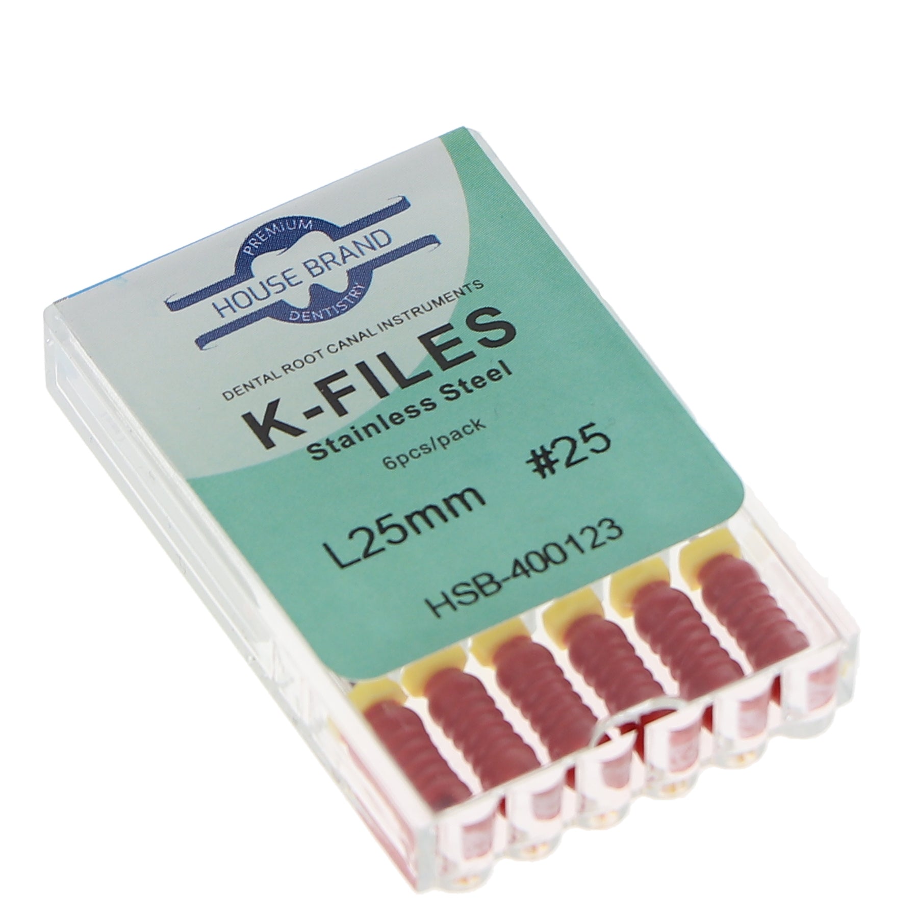 House Brand Dentistry 400123 HSB Endodontic K-Files 25mm #25 Red Stainless Steel 6/Pk