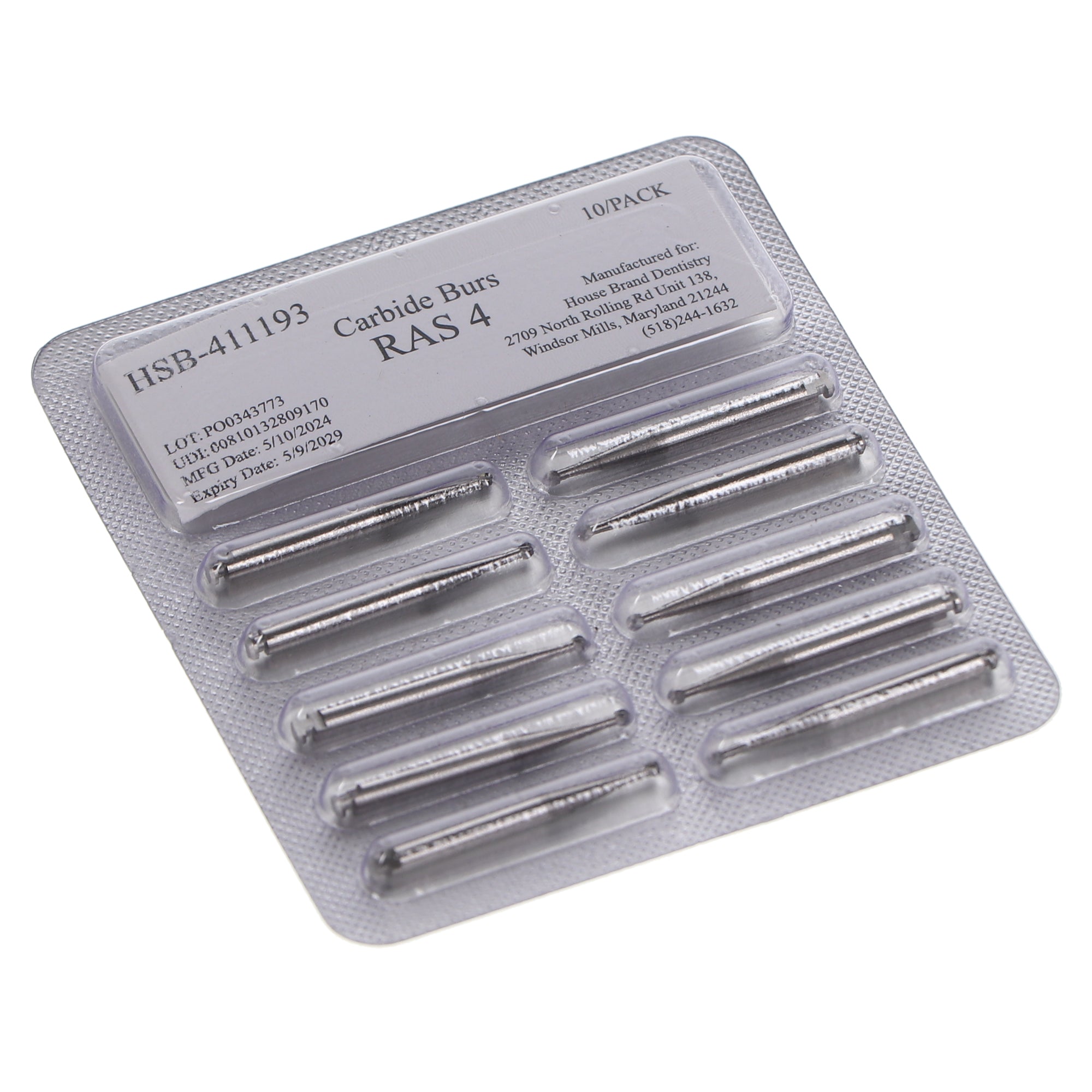 House Brand Dentistry 411193 HSB RA #4 Surgical Length Round Carbide Burs 10/Pk