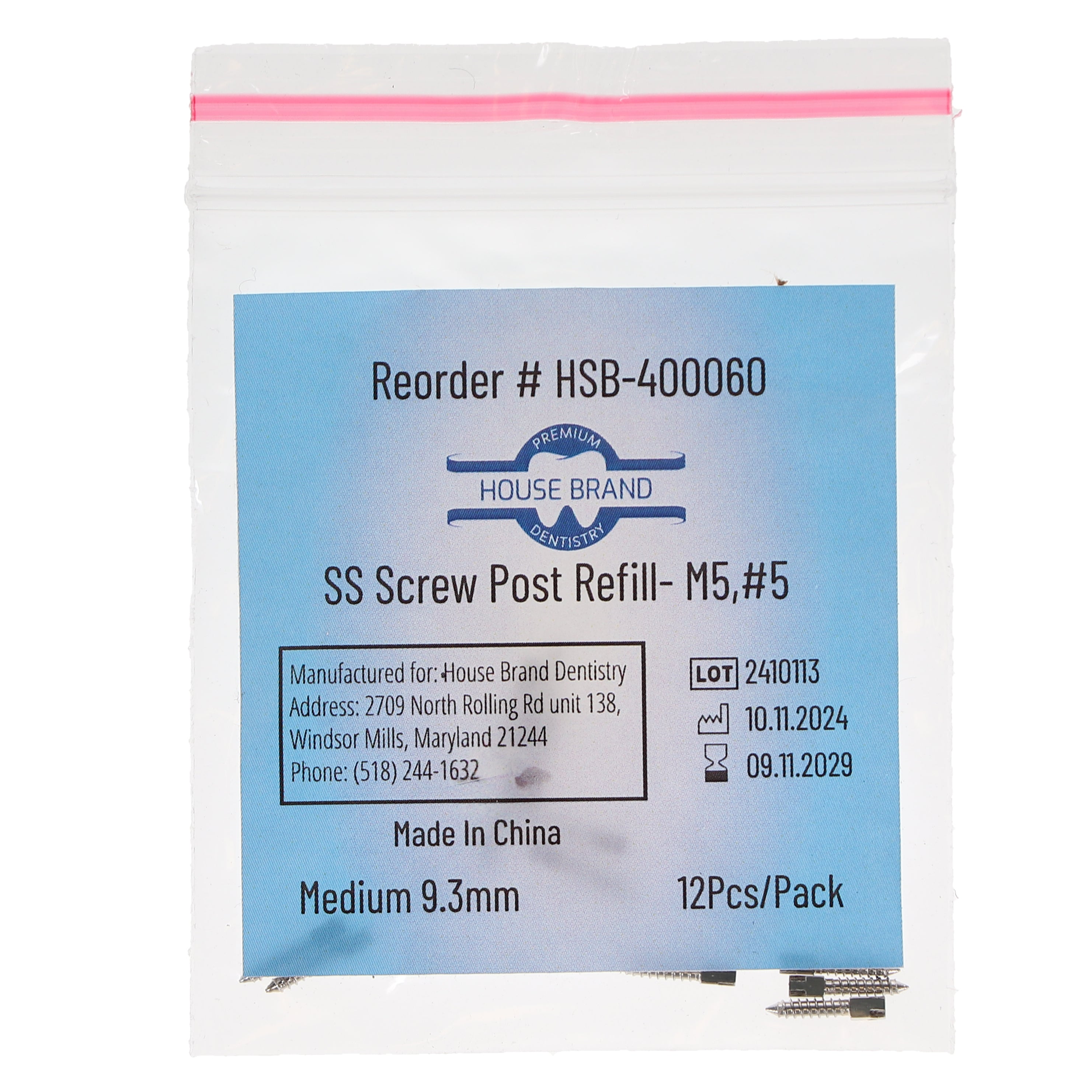 House Brand Dentistry 400060 HSB Screw Posts M5 #5 Medium 9.3mm Stainless Steel 12/Pk