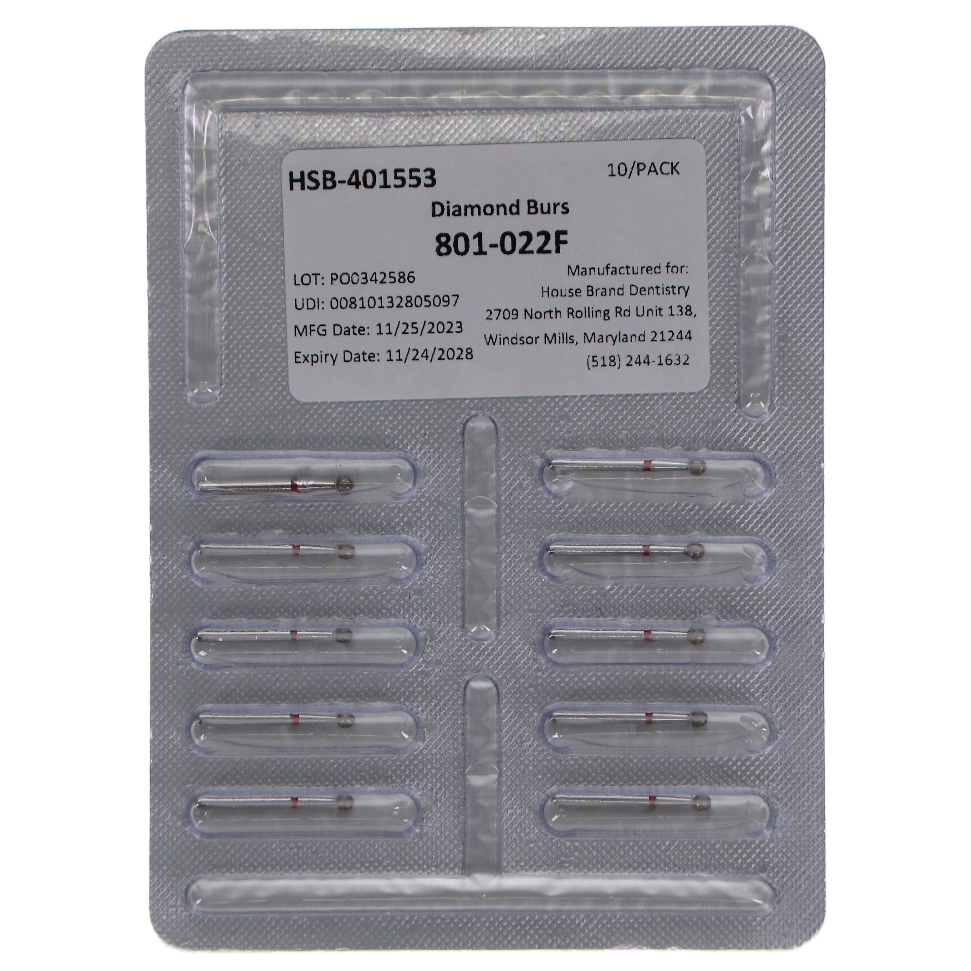 House Brand Dentistry 401553 HSB FG 801-022F Round Fine Grit Diamond Burs 10/Pk