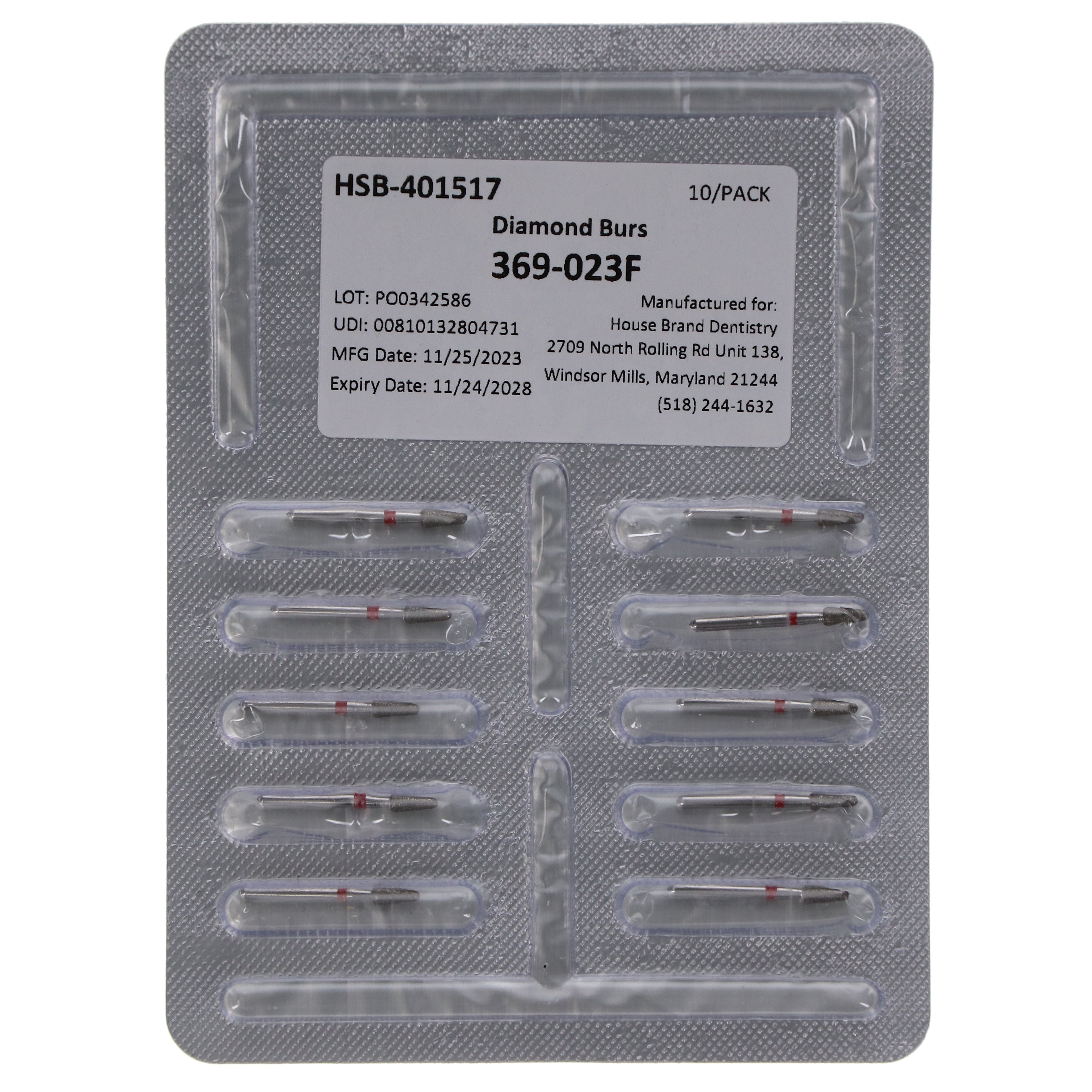 House Brand Dentistry 401517 FG 369-023F Football Fine Grit Diamond Burs 10/Pk