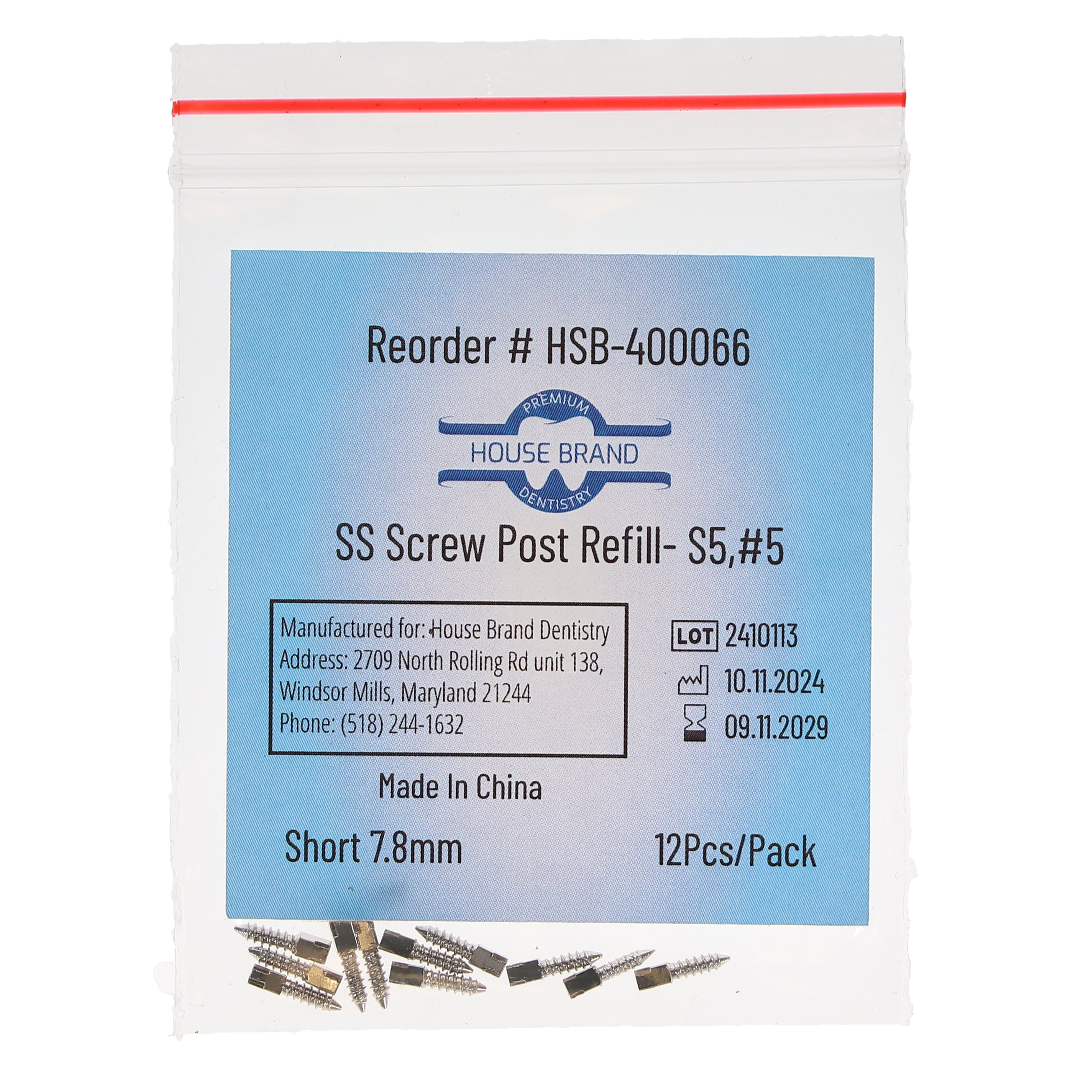 House Brand Dentistry 400066 HSB Screw Posts S5 #5 Short 7.8mm Stainless Steel 12/Pk