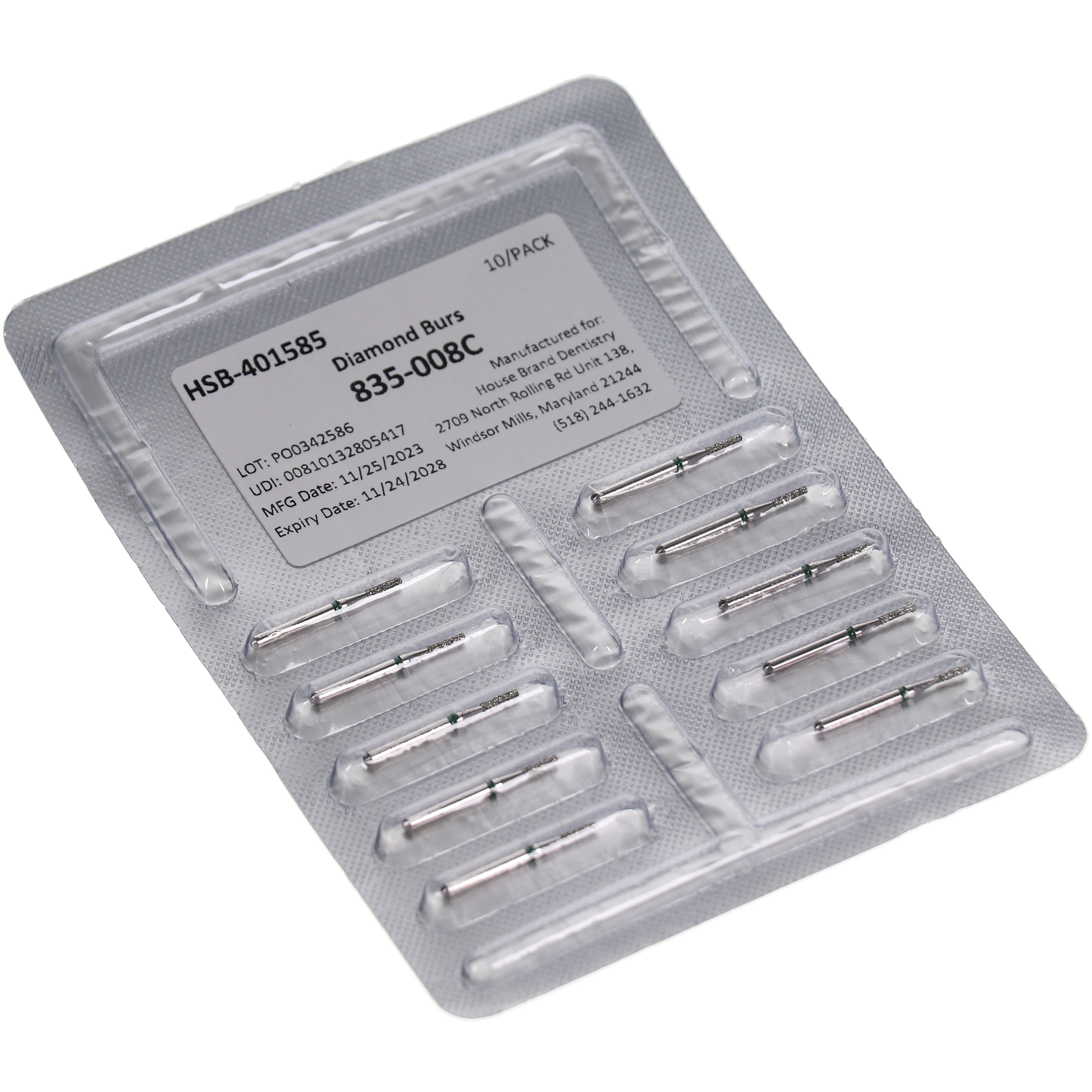 House Brand Dentistry 401585 HSB FG 835-008C Flat End Cylinder Coarse Grit Diamond Burs 10/Pk