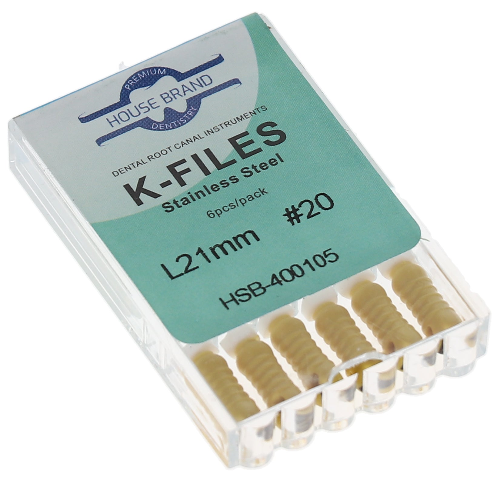 House Brand Dentistry 400105 HSB Endodontic K-Files 21mm #20 Yellow Stainless Steel 6/Pk