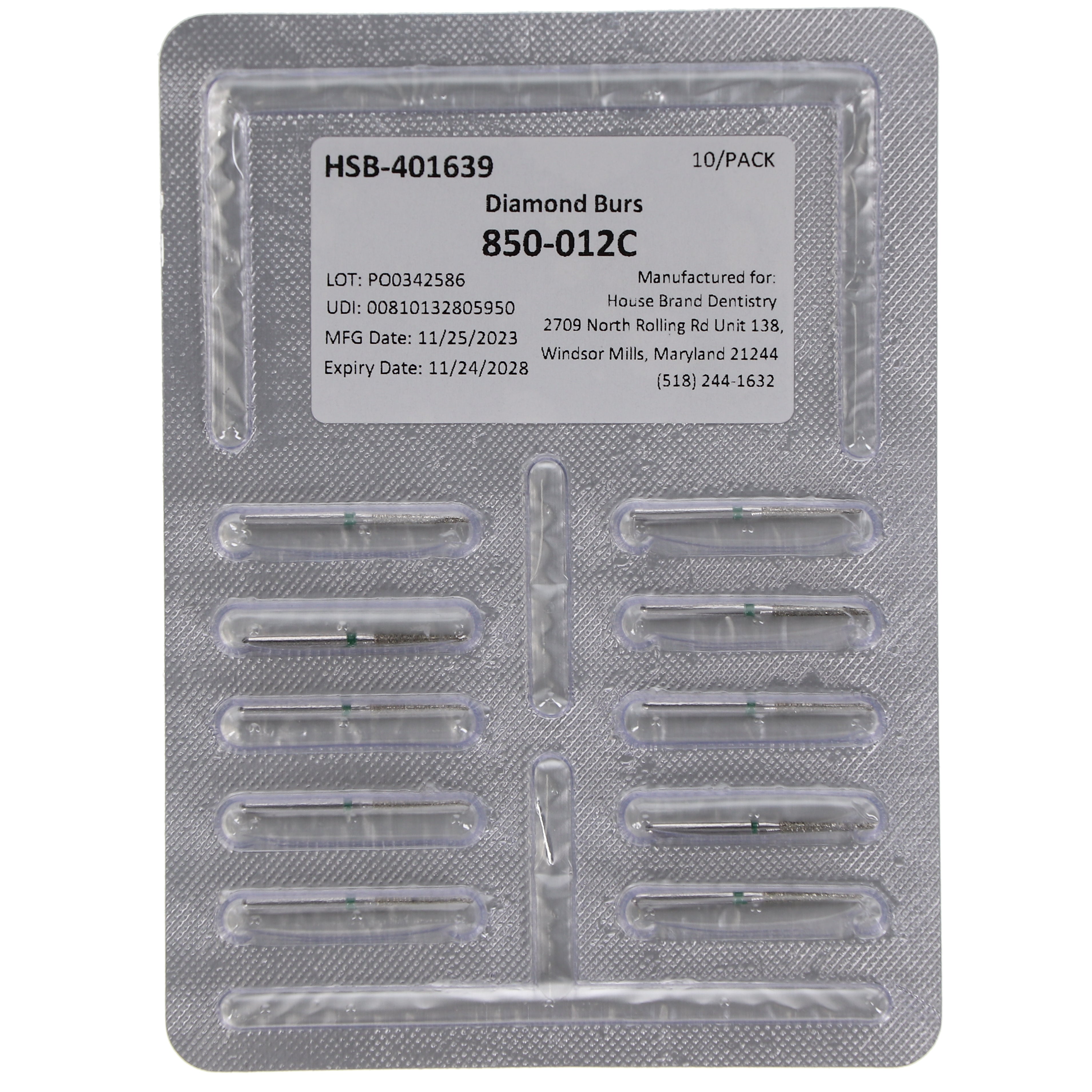 House Brand Dentistry 401639 HSB FG 850-012C Round End Taper Coarse Grit Diamond Burs 10/Pk