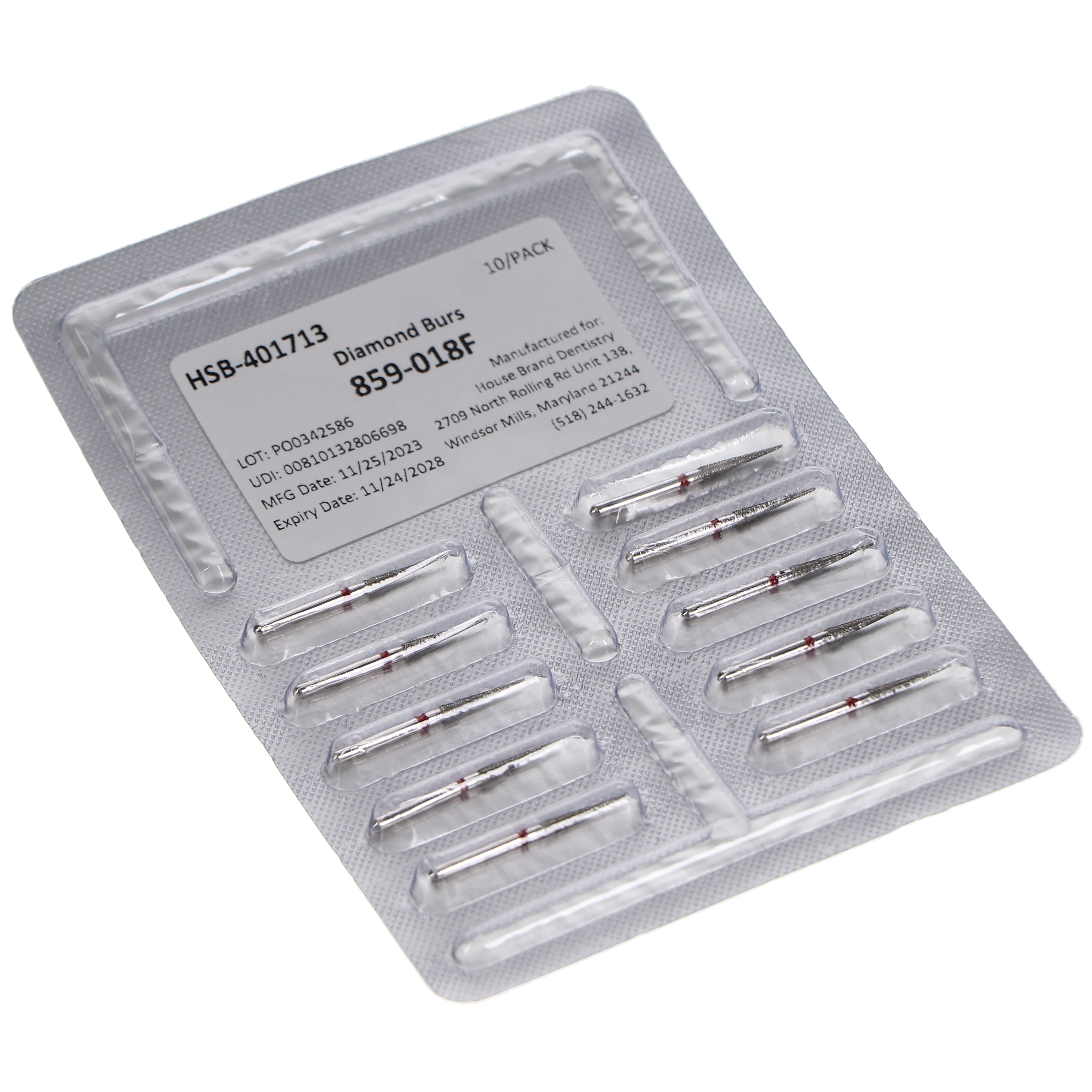 House Brand Dentistry 401713 HSB FG 859-018F Needle Fine Grit Diamond Burs 10/Pk