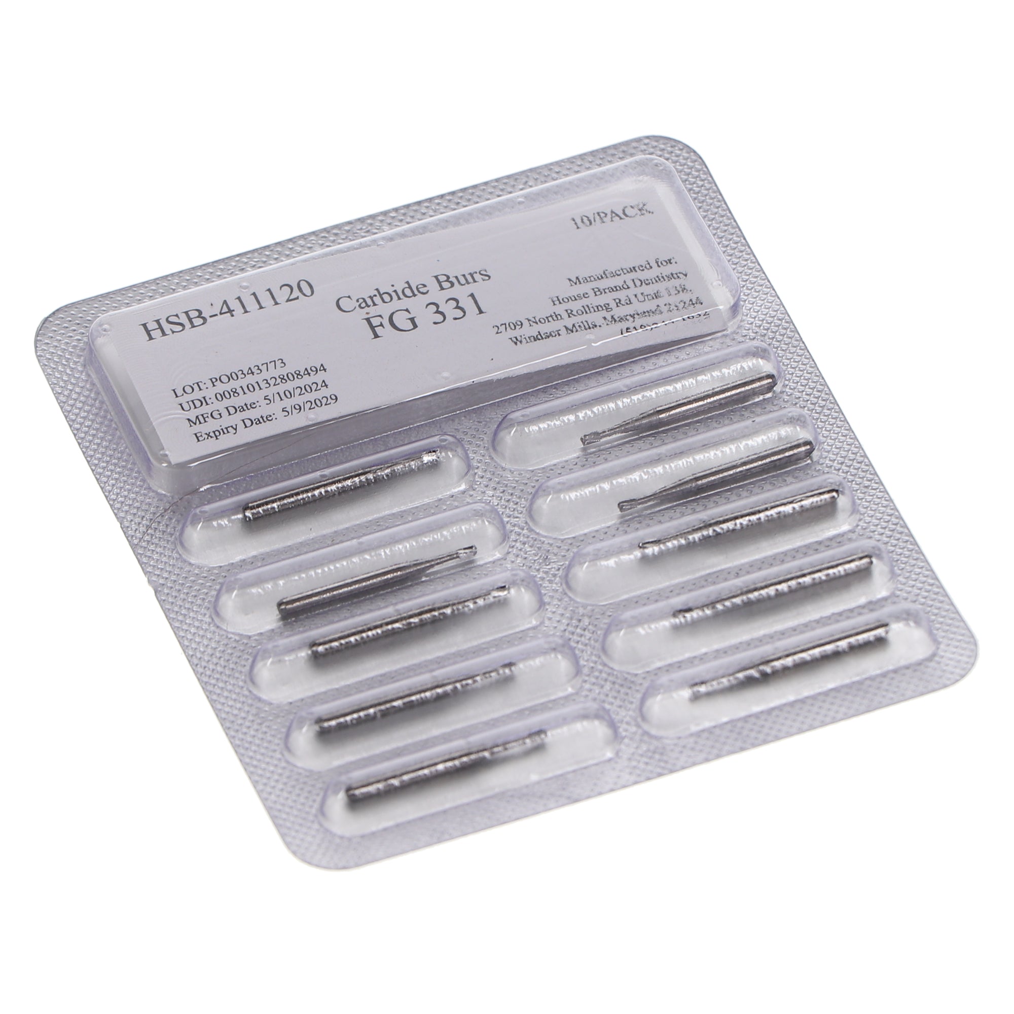 House Brand Dentistry 411120 HSB FG #331 Pear Shaped Carbide Burs 10/Pk