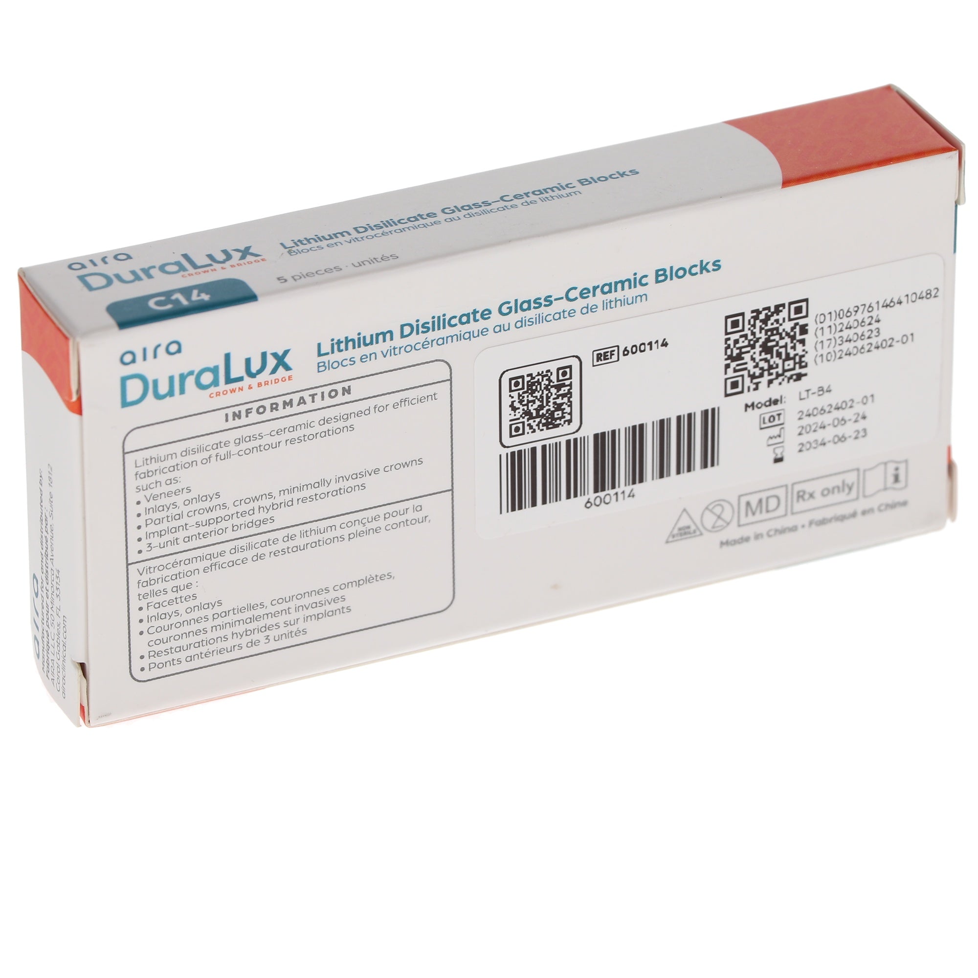 Aira 600114 DuraLux IPS e.max Type Blocks CAD inLab LT B4 C14 5/Pk