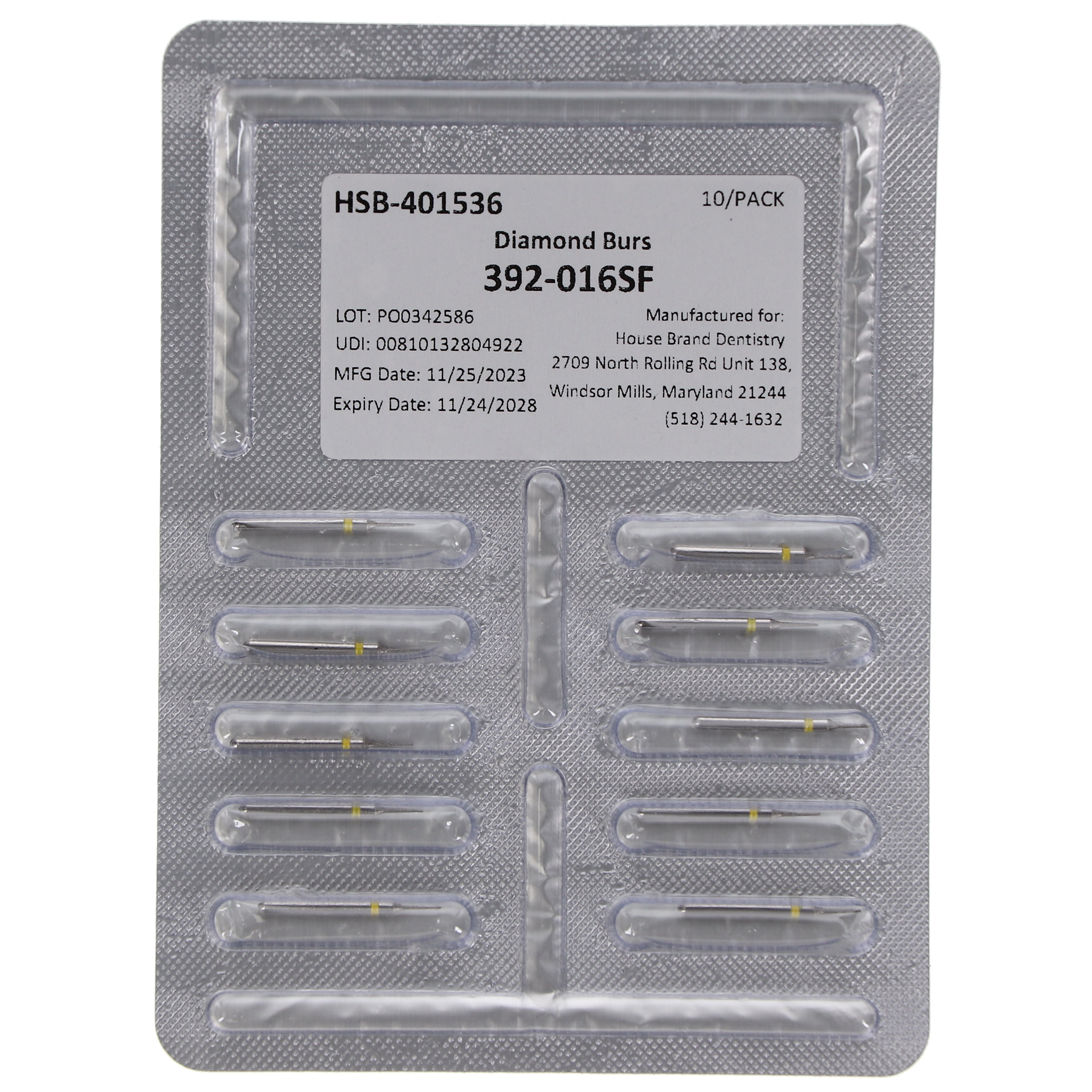 House Brand Dentistry 401536 HSB FG 392-016SF Interproximal Super Fine Grit Diamond Burs 10/Pk